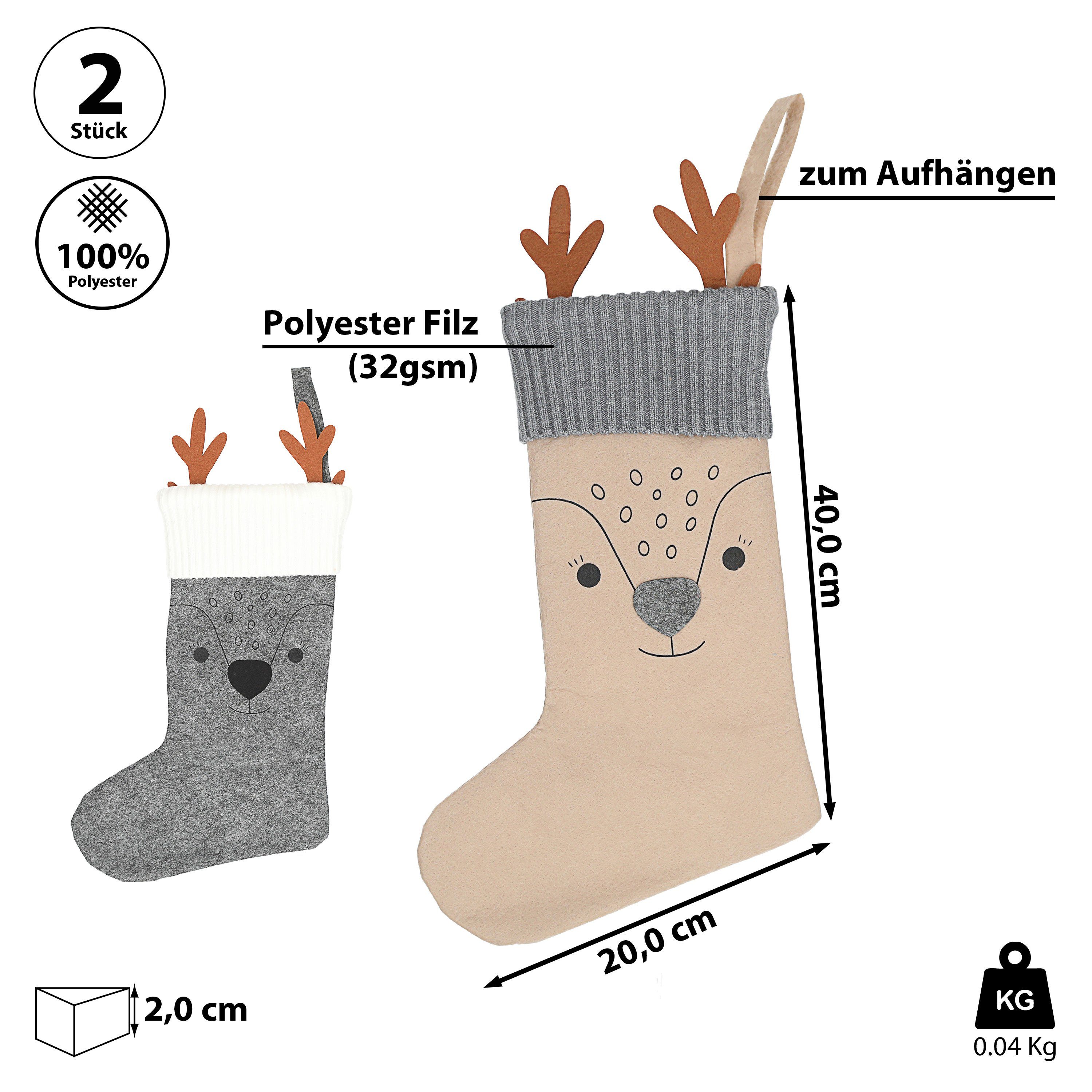 CEPEWA Nikolausstiefel grau 2er Rentier Weihnachtssocke 20x40x2cm Set beige Socke Filz