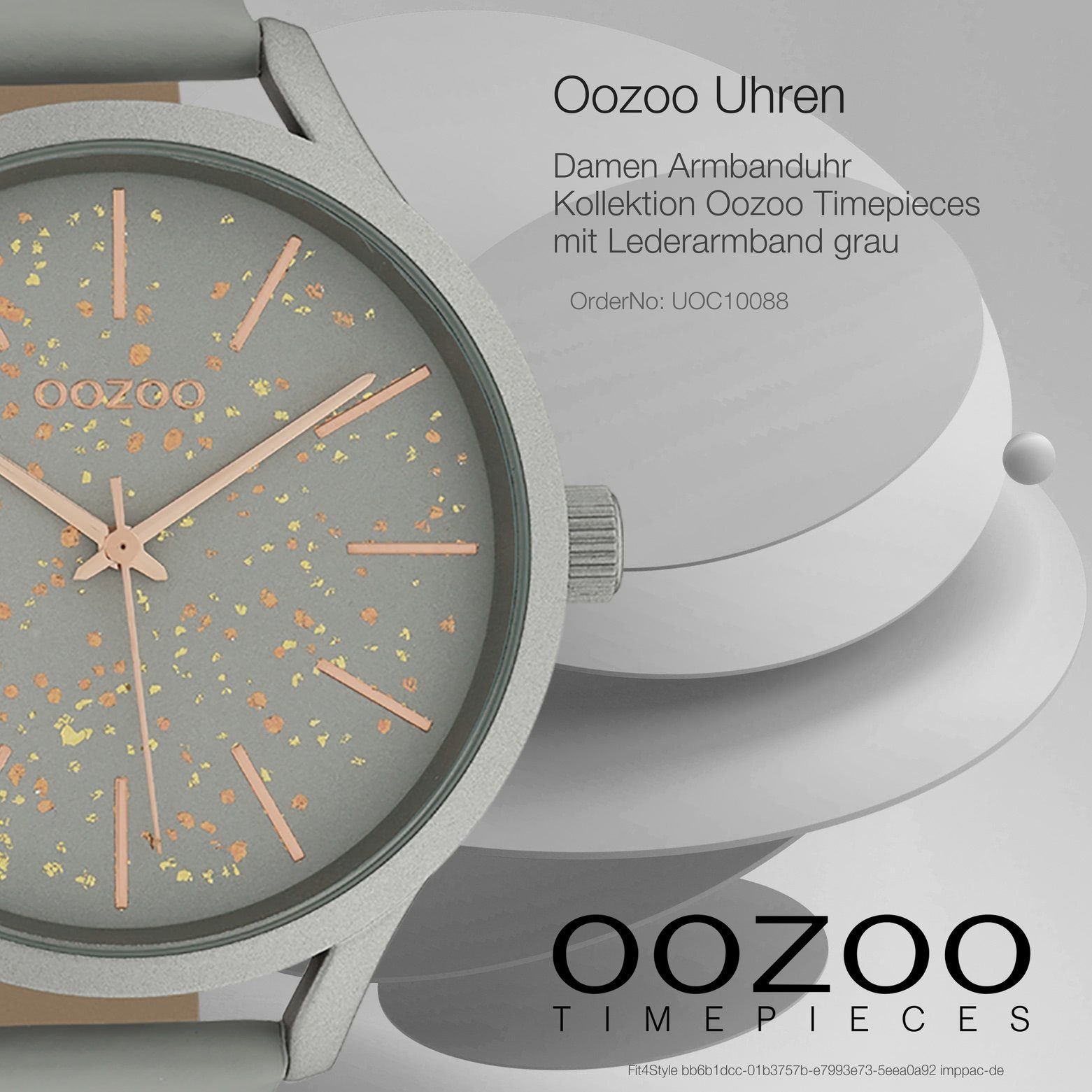 Lederarmband, 44mm) OOZOO grau Oozoo Armbanduhr Quarzuhr Damenuhr Fashion-Style groß Damen rund, (ca. Analog,