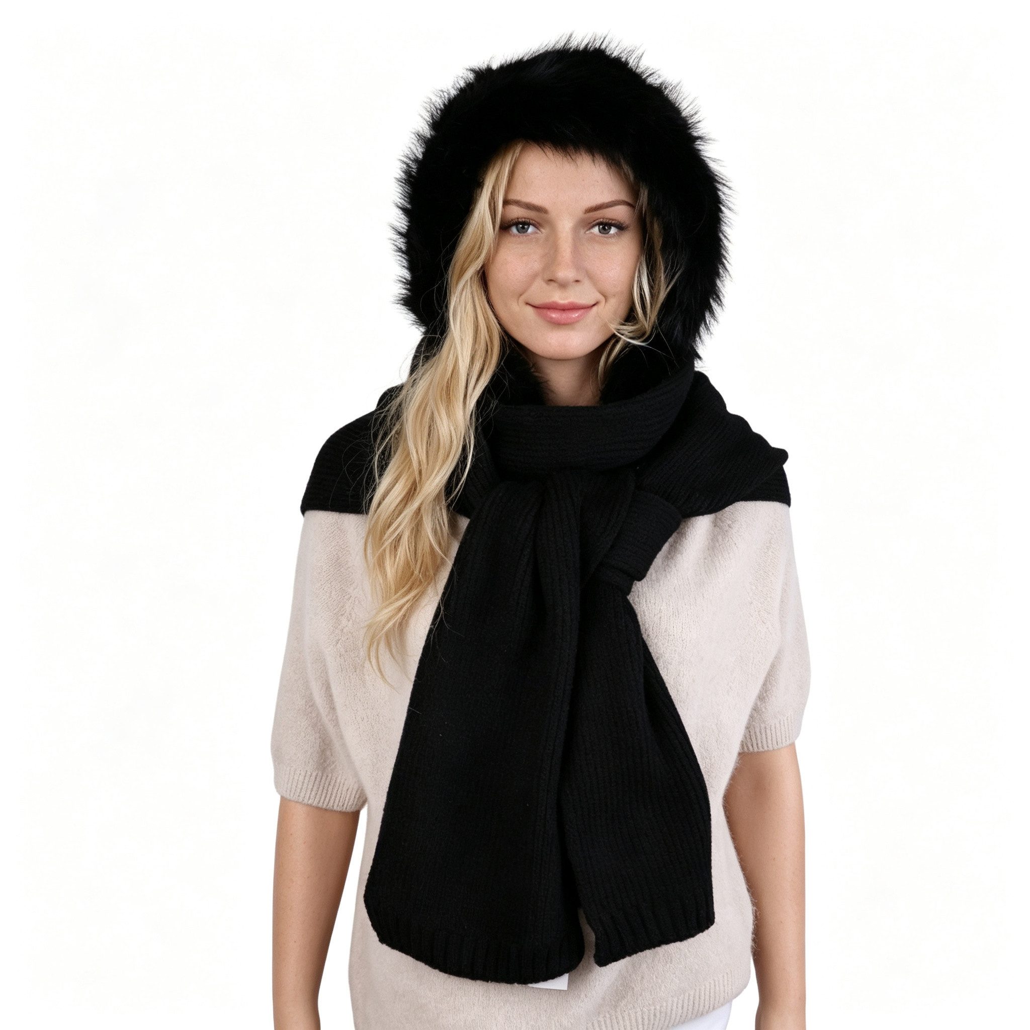 MIRROSI Strickmütze Damen BALACLAVA Kapuenschal 2 in 1 mit Fell (Neue Kollektion Herbst/Winter 2026) Damen Bala Mütze mit integriertem Kapuzenschal
