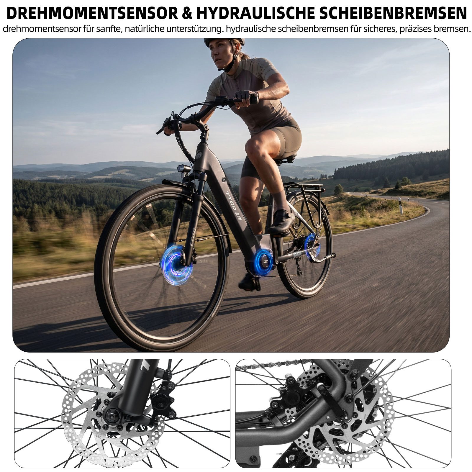 TTGO E-Bike Cityrad 28 Zoll, 140km, 75Nm Mittelmotor, Lockout-Federgabel, C7 SE, Pedelec, 9 Gang Shimano, Kettenschaltung, Mittelmotor, 648 Wh, Drehmomentsensor, Elektrofahrrad, Tiefeinstieg für Damen und Herren