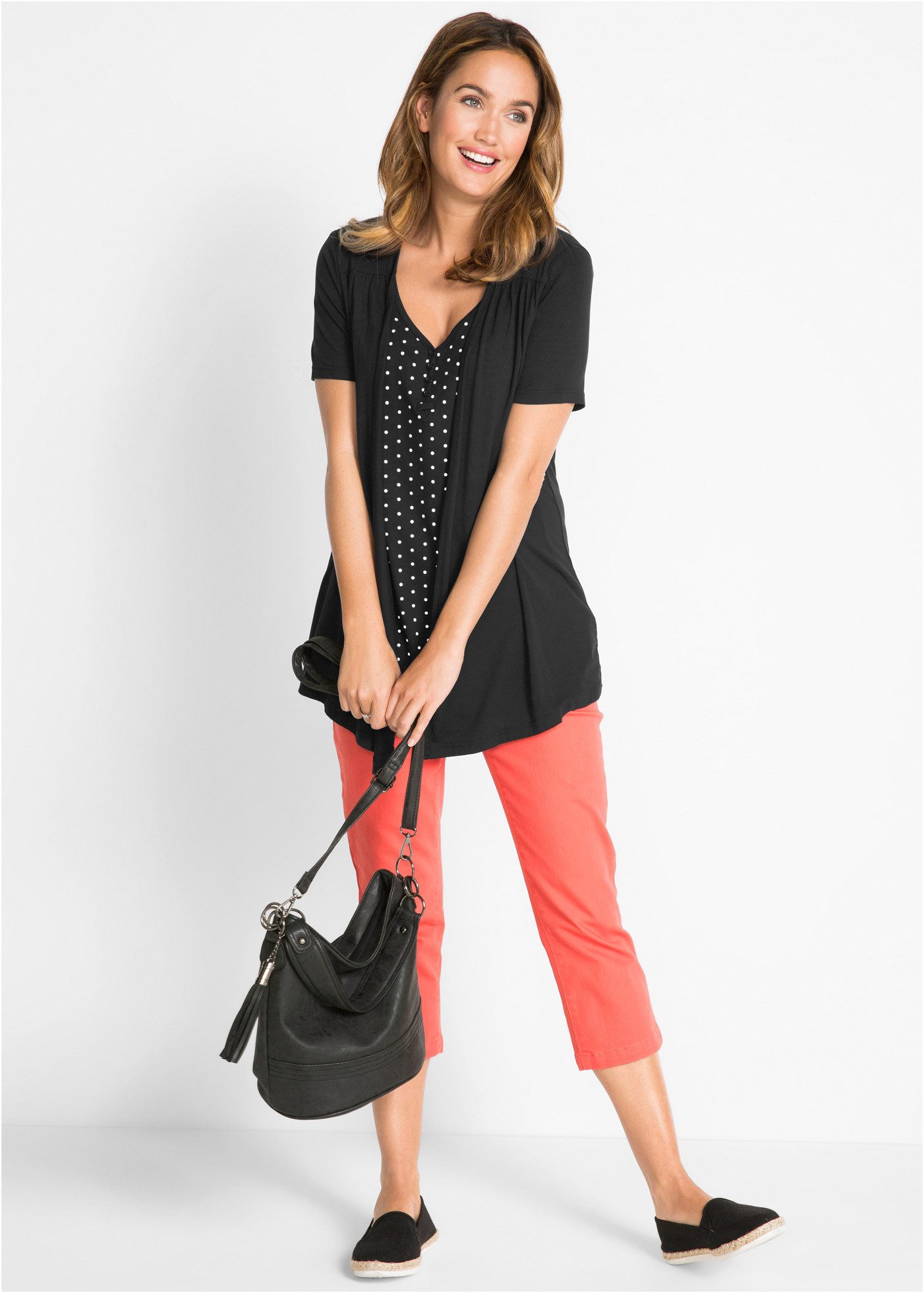 bonprix 2-in-1-Shirt A-Linie Passform, Kurzarm, mit V-Ausschnitt, mit Zierknopfleiste