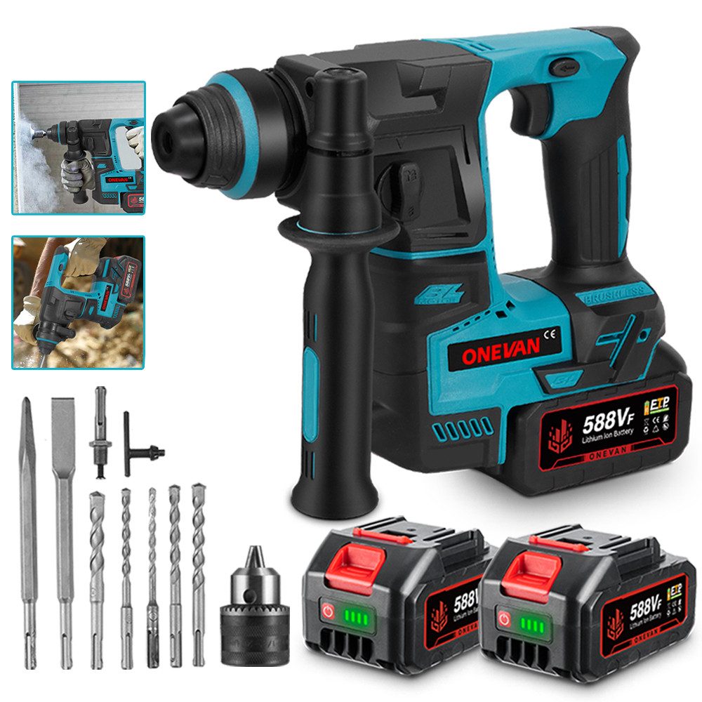 ONEVAN Akku-Bohrhammer Bürstenloser SDS-Plus Schlagbohrhammer mit 2x Akkus, günstig online kaufen