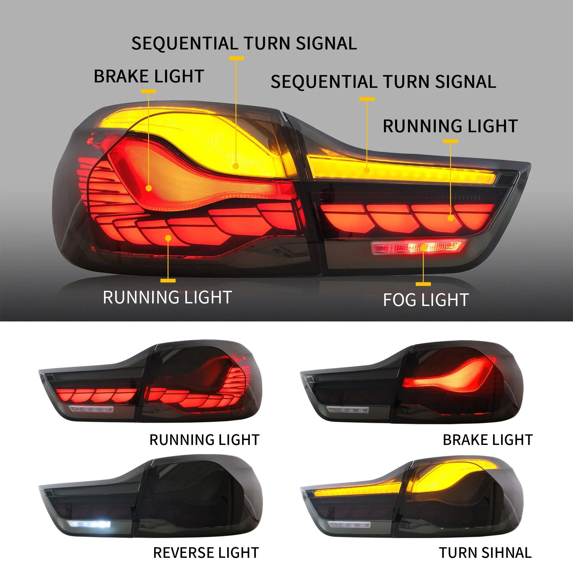 LLCTOOLS Rückleuchte Hell leuchtende LED Rückleuchte mit E-Prüfzeichen passend für BMW, 4er F32 Coupe, F33 Cabrio, F36 Gran Coupe, F82 M4 (2013-2021), Rücklicht, Bremslicht, Nebelschlussleuchte, Blinklicht und Rückfahrlicht, Voll LED, Dynamischer Blinker, mit Lichtanimation beim Entriegeln des Fahrzeugs