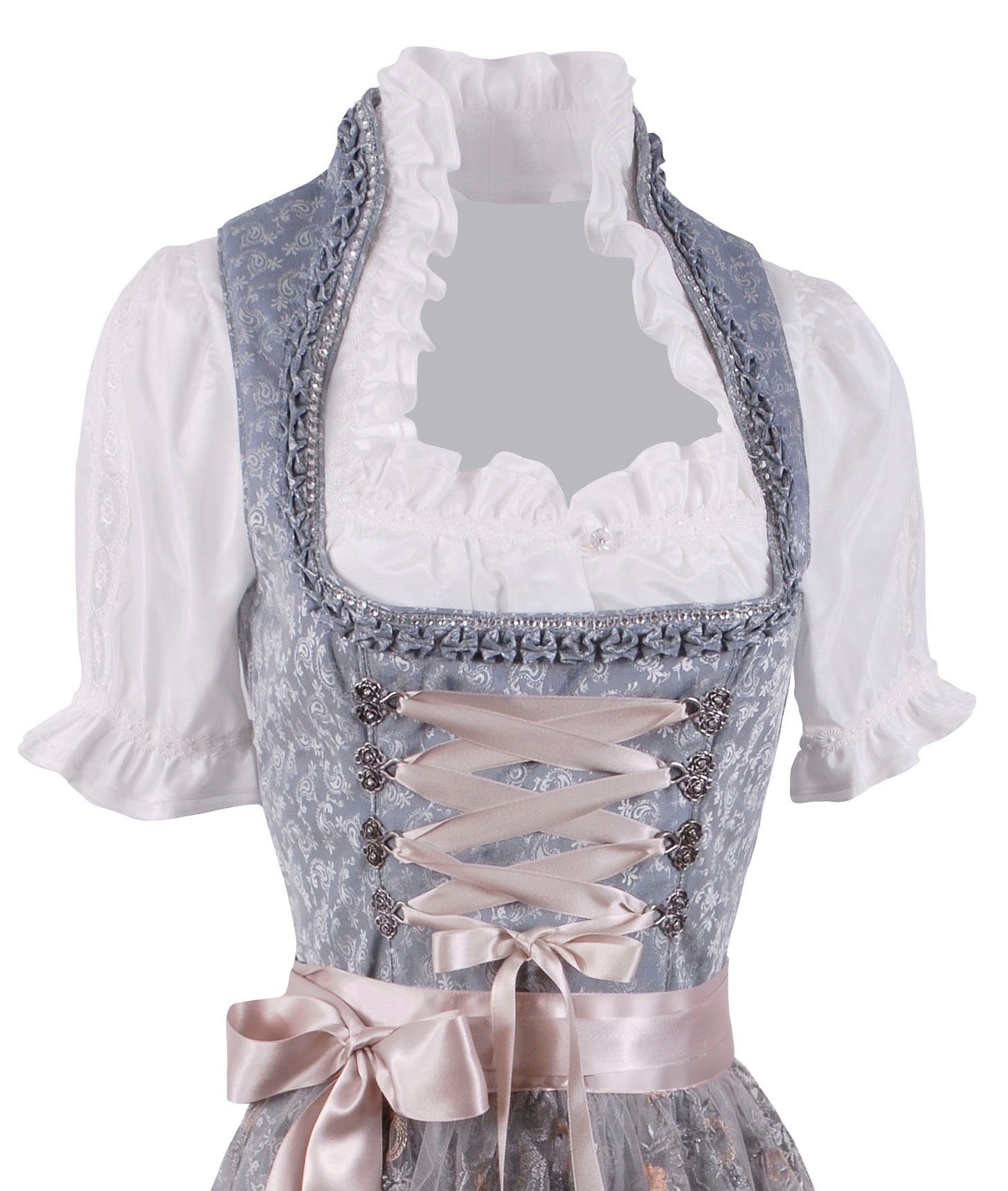 Moschen-Bayern Dirndl Midi Dirndl kurz Damen Trachtenkleid Oktoberfest Wiesn-Dirndl 70 cm Spitzenschürze elegant festlich Hochzeit Silber-Blau kurz, Trachtenkleid, Midi, Stickerei, Hochzeit, Spitze, festlich, Dirndl