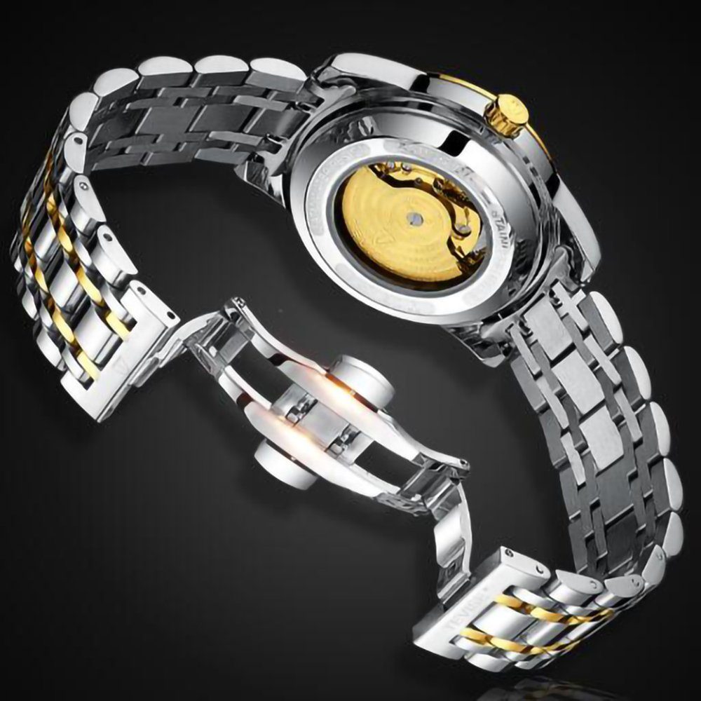 GelldG Uhr Wasser- Automatik, Armbanduhr, Herren Kratzfest, Uhr mechanische Gold, Schwarz und