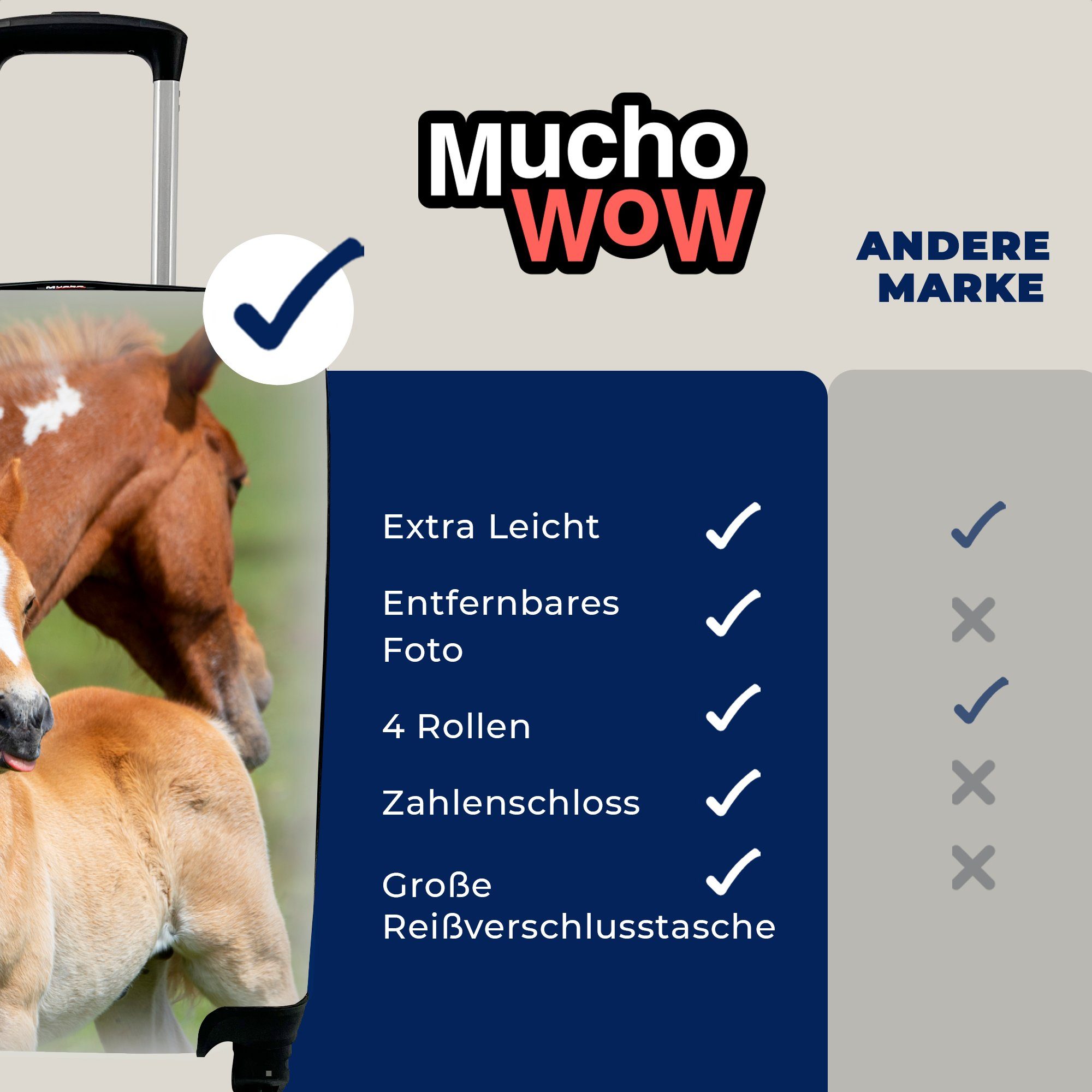 MuchoWow Handgepäckkoffer Rollen, Trolley, - Fohlen mit für Reisetasche rollen, 4 Pferde - Ferien, Handgepäck Reisekoffer Gras