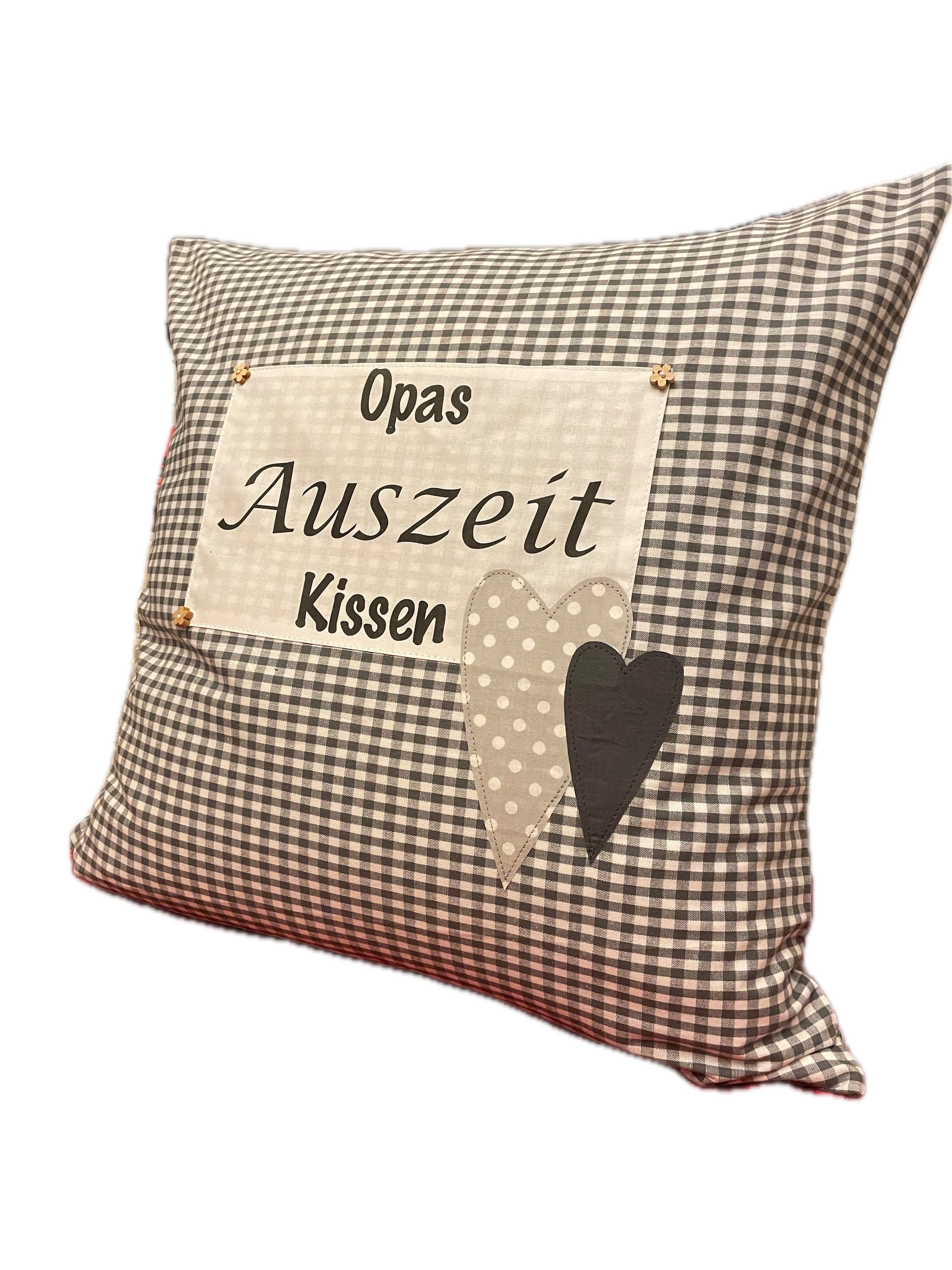 Ammerkind Dekokissen Landhausstil Kissenhülle "Opas Auszeit Kissen" grau/weiß kariert, 100% Handarbeit aus Deutschland