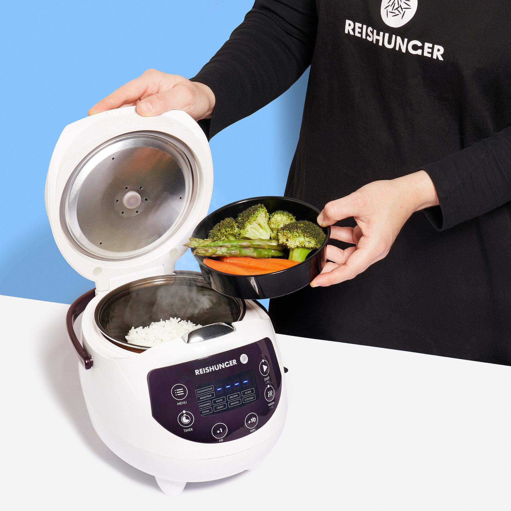 Reishunger Reiskocher - Digitaler Mini Reiskocher, 350 W, Dämpfeinsatz, Messbecher, Reislöffel, Timer- und Warmhaltefunktion