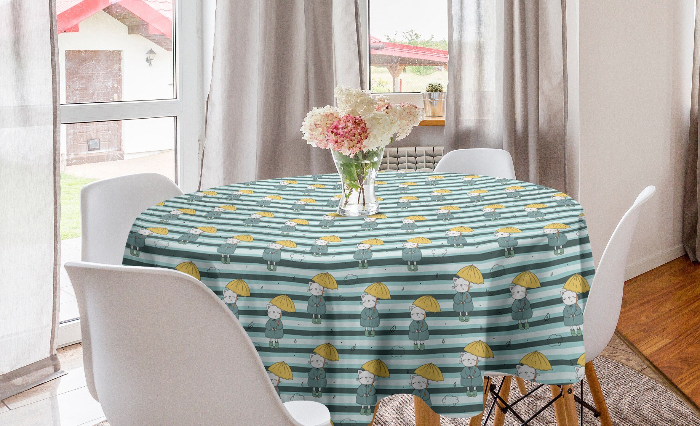 Küche und Tiere Pattern Dekoration, Regenschirme Tischdecke Esszimmer für Kreis Abdeckung Abakuhaus Katzen Tischdecke