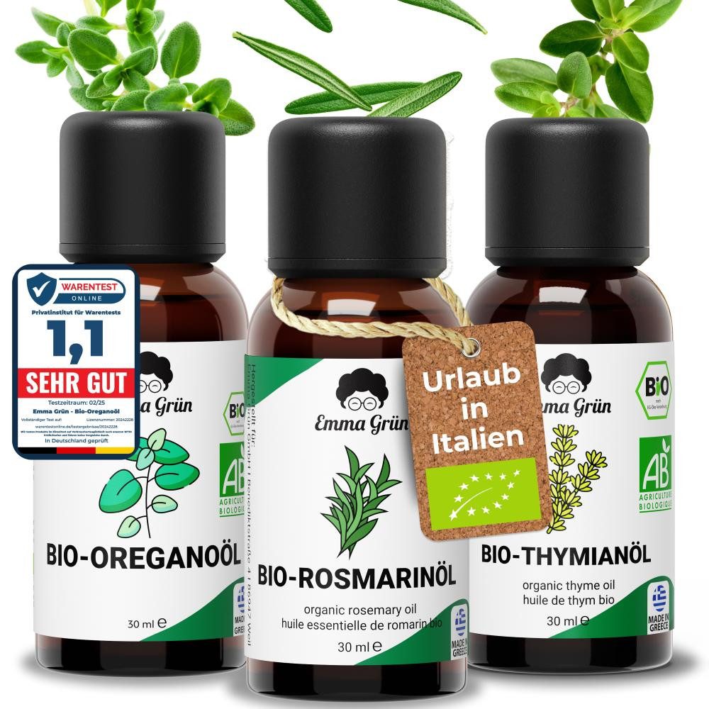 Emma Grün Duftöl -Maxi-Set "Urlaub in Italien"-3 mediterrane Bio Öle (Öl-Set, 1x Thymian- 30 ml, 1x Bio Oregano- 30 ml, 1x Rosmarinöl 30 ml), Höchste Bio-Zertifizierung als Lebensmittel, naturrein & ohne Zusätze