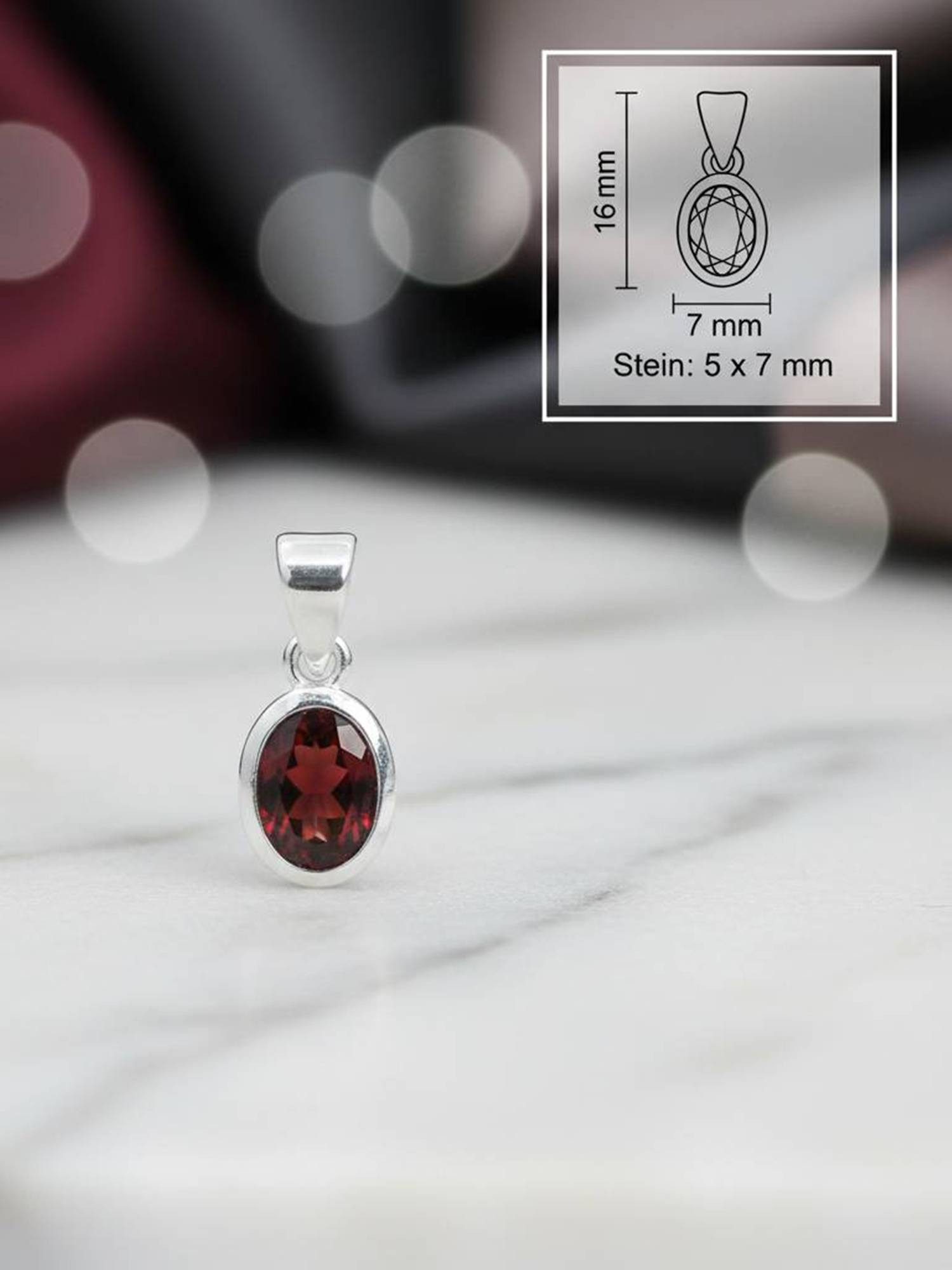 mantraroma Kette mit Anhänger PIANURA aus 925 Silber mit Granat facettiert (Kettenanhänger uns Kette), 925 Sterling Silber Ketten mit Kettenanhänger für Damen
