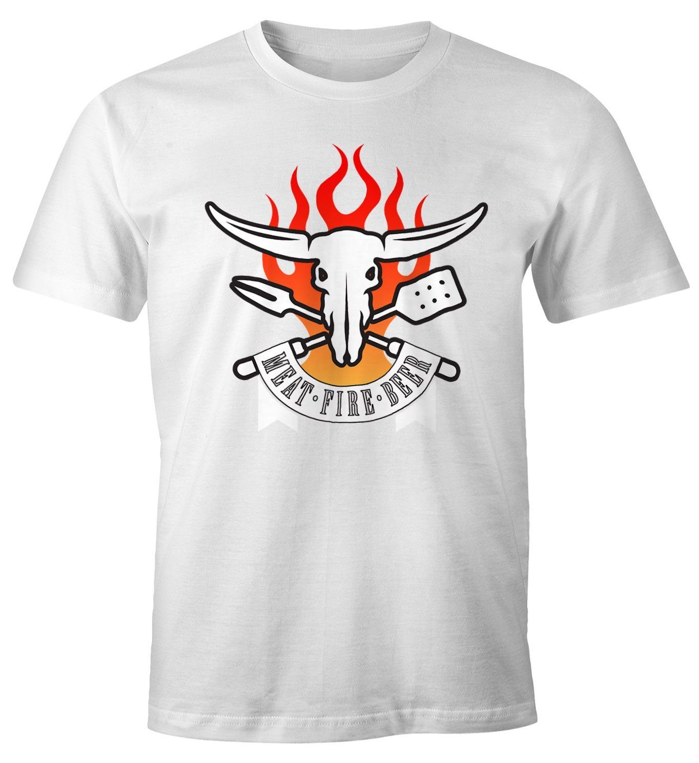 MoonWorks Print-Shirt Herren T-Shirt Meat Fire Beer Fun-Shirt Moonworks® mit Print weiß