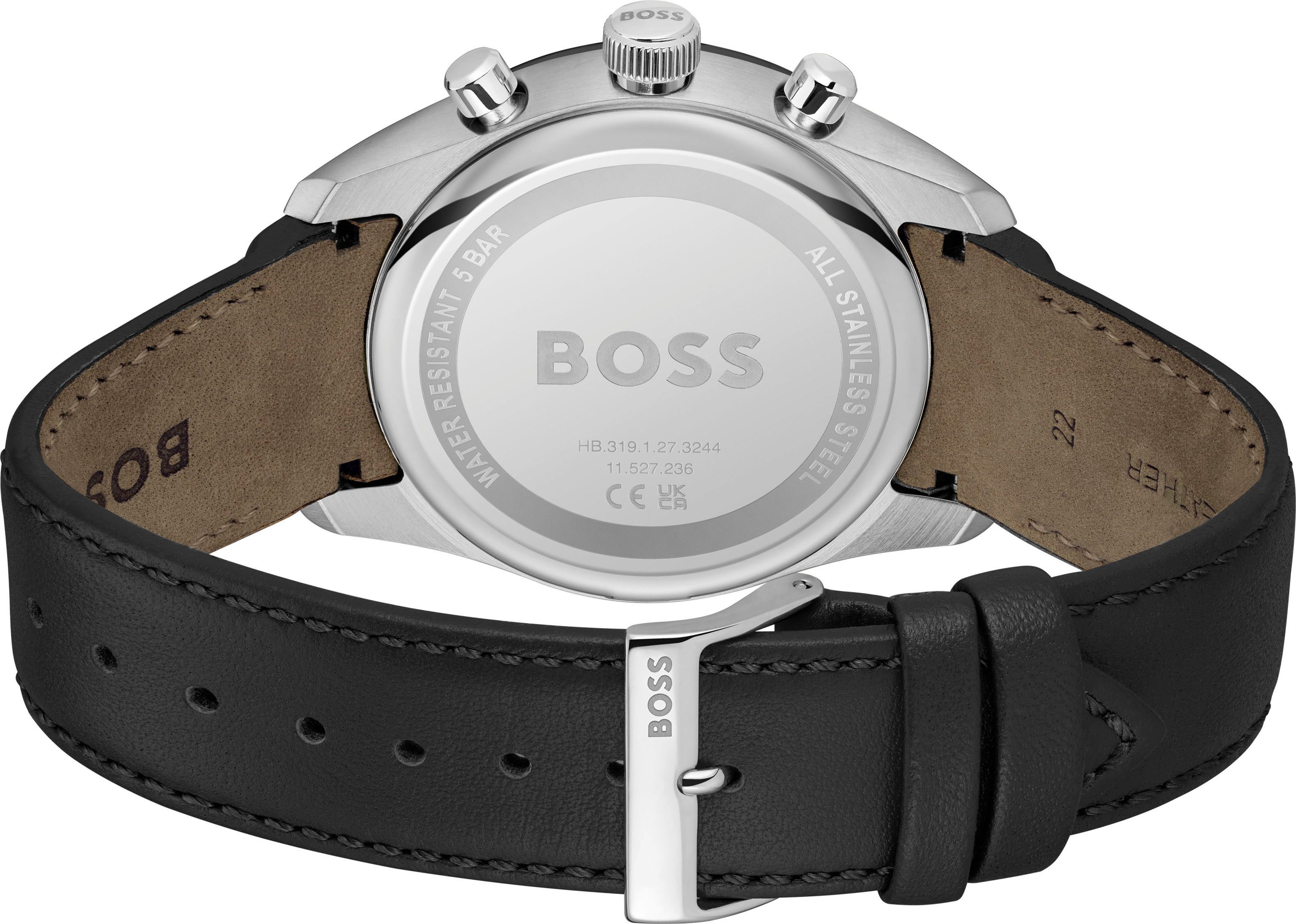BOSS Chronograph GRAND PRIX 44 1514224, Quarzuhr, Armbanduhr, Herrenuhr, Lederarmband, analog, Tag