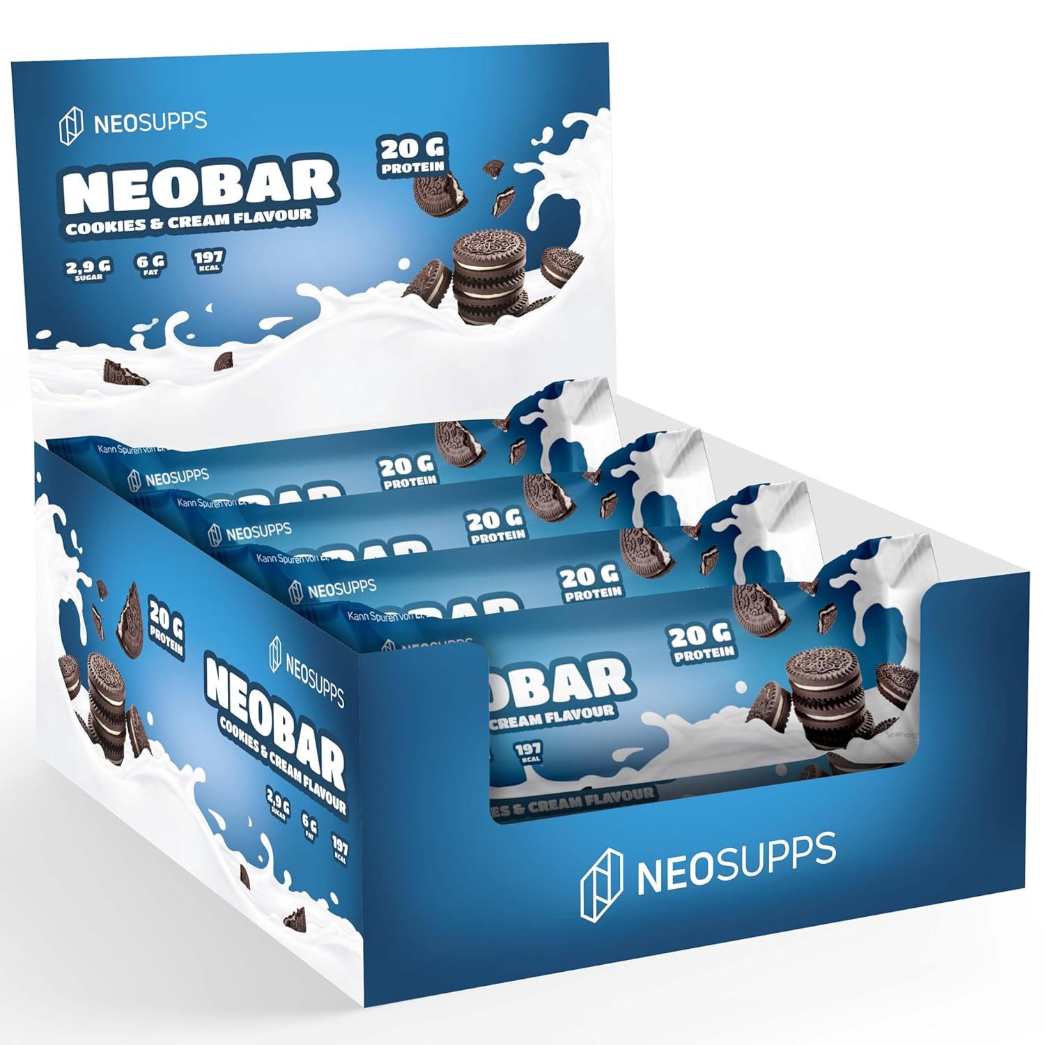 Neosupps NeoBar Proteinriegel Cookies & Cream 12 x 60g, mit Cookie Stückchen Riegel, Zuckerarm, echte Cremefüllung, Vollmilchschokolade, Made in Germany