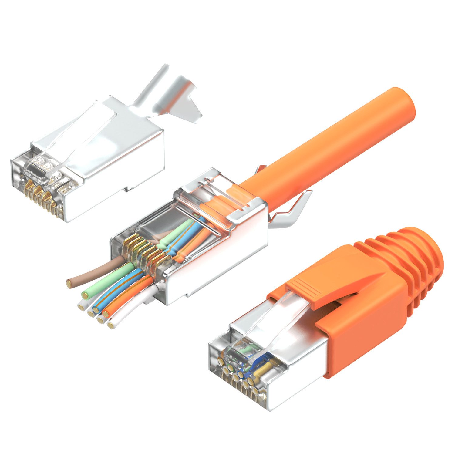 RedStar24 Netzwerkstecker 10x Rj45 Stecker Cat 7 Netzwerkstecker Pass Through, (CAT7 Pass Trough Netzwerkstecker, Orange 10 Stück)
