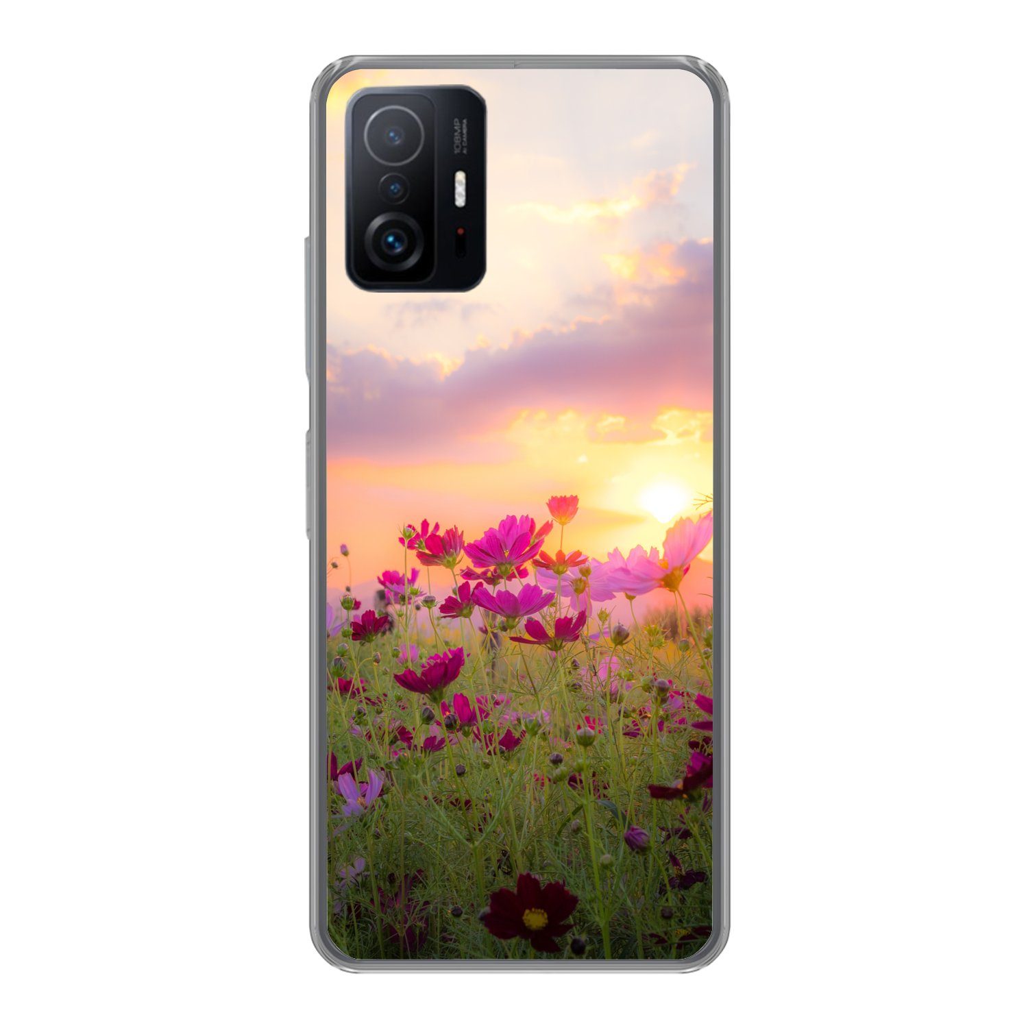 MuchoWow Handyhülle für Xiaomi 11 Lite 5G NE Sonnenuntergang - Blumen - Rosa - Natur - Grü, Phone Case, Silikon, Schutzhülle Dünn