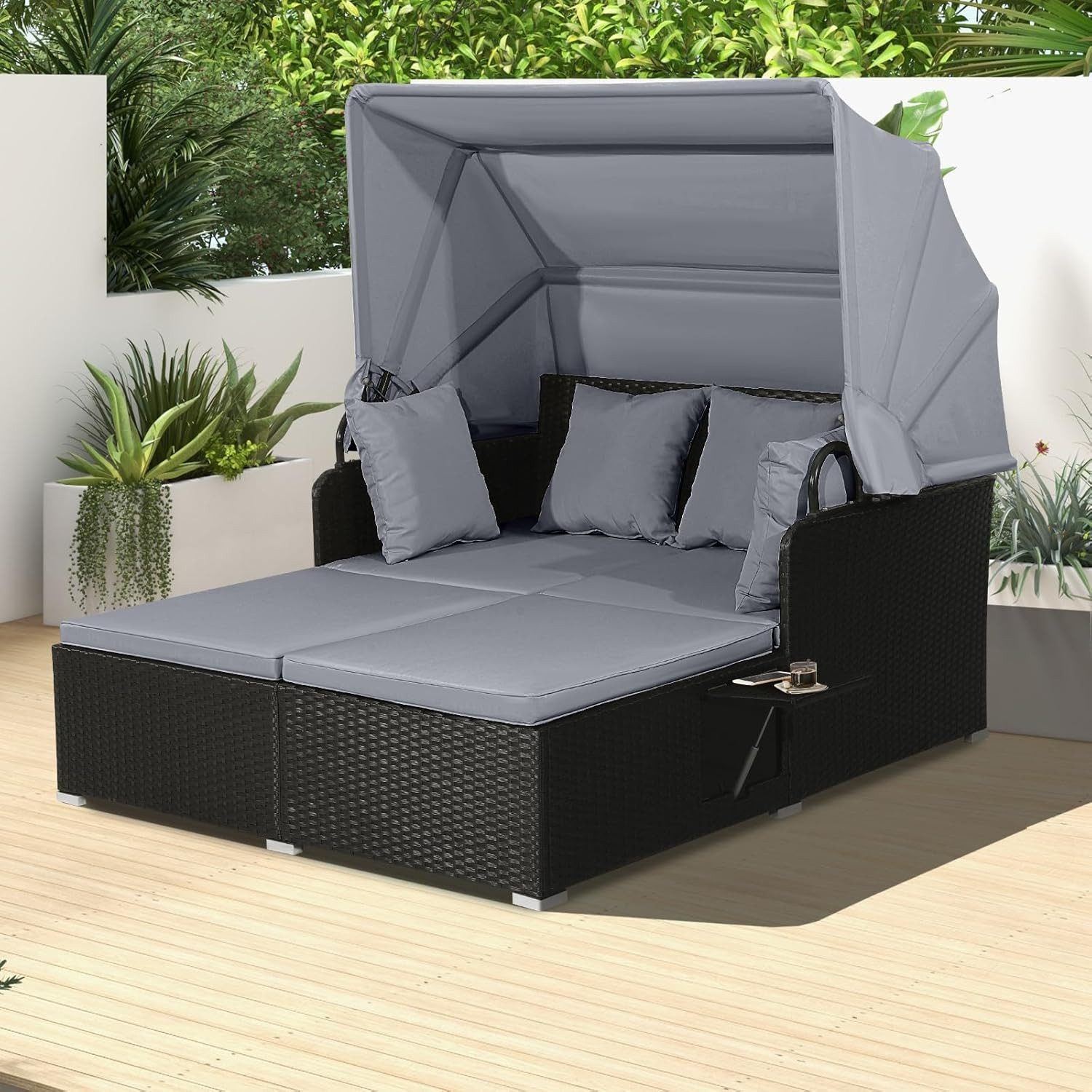 COSTWAY Loungebett, Rattan, 2-Personen, mit einziehbarem Sonnendach, Kissen