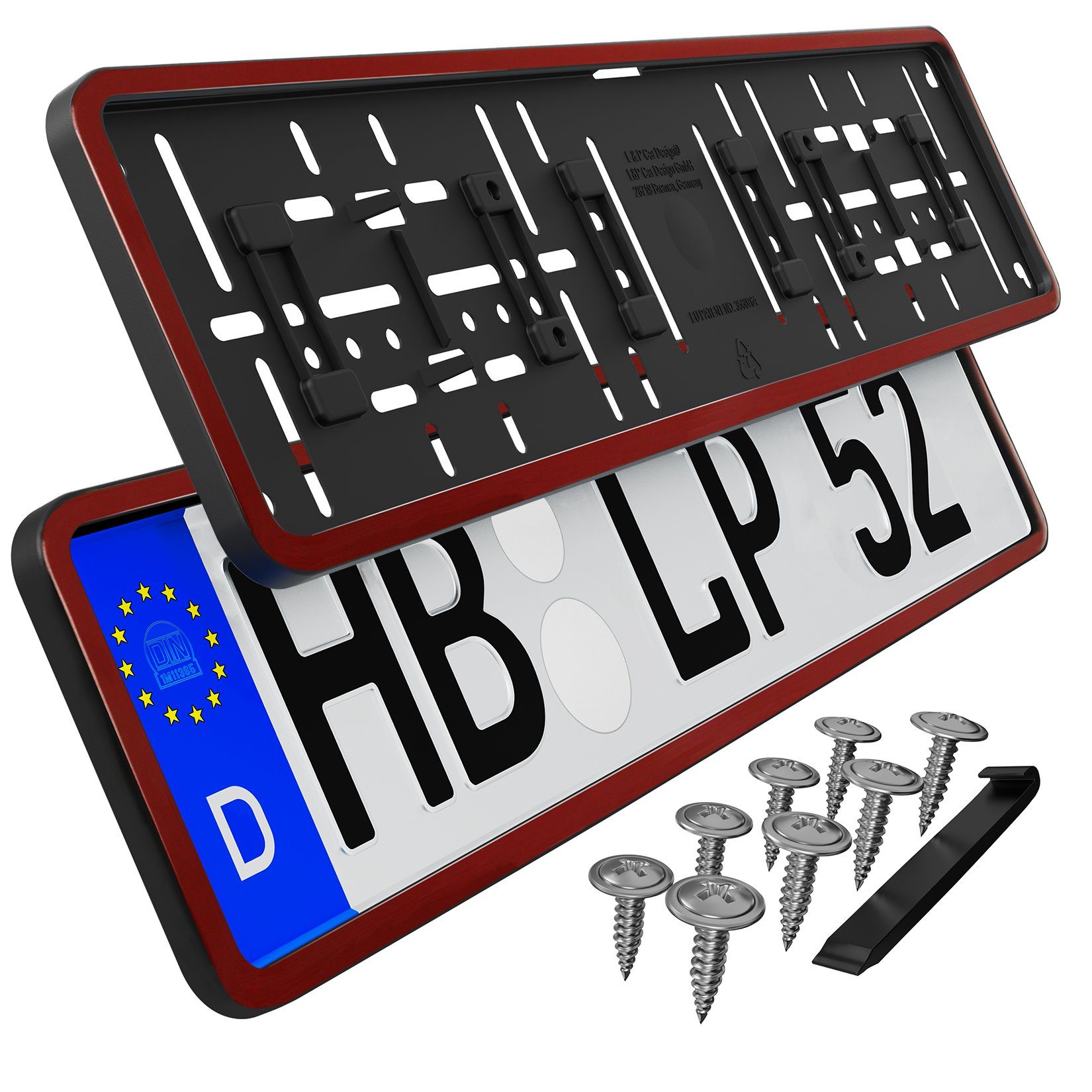 L & P Car Design Kennzeichenhalter für Auto mit umlaufendem Рамка in Rot glanz, (2 Stück)