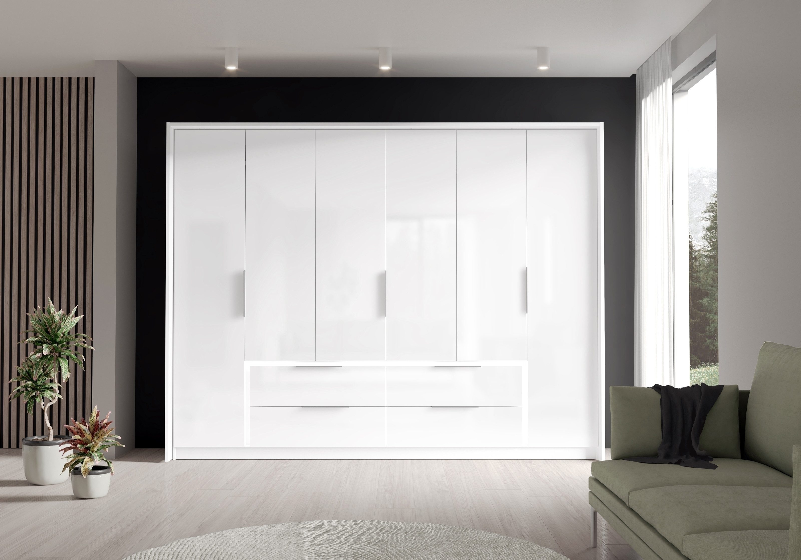 freiraum Drehtürenschrank LUANO 4 Schubladen, 6 Türen, Weiss / Weiss Glanz - 269,7x210,5x60cm (BxHxT)