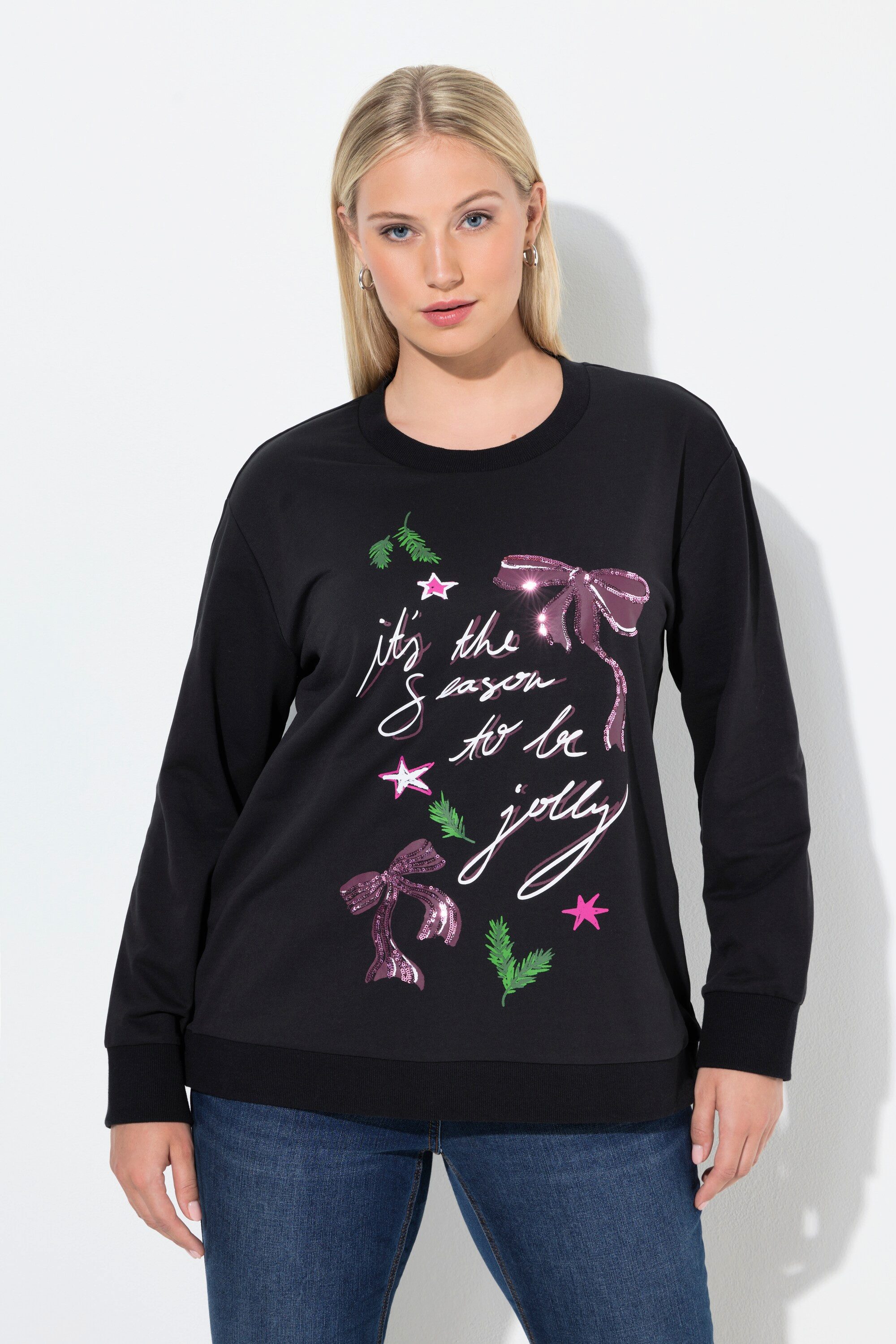 Ulla Popken Sweatshirt Weihnachts-Sweatshirt Schleifen Rundhals Langarm günstig online kaufen