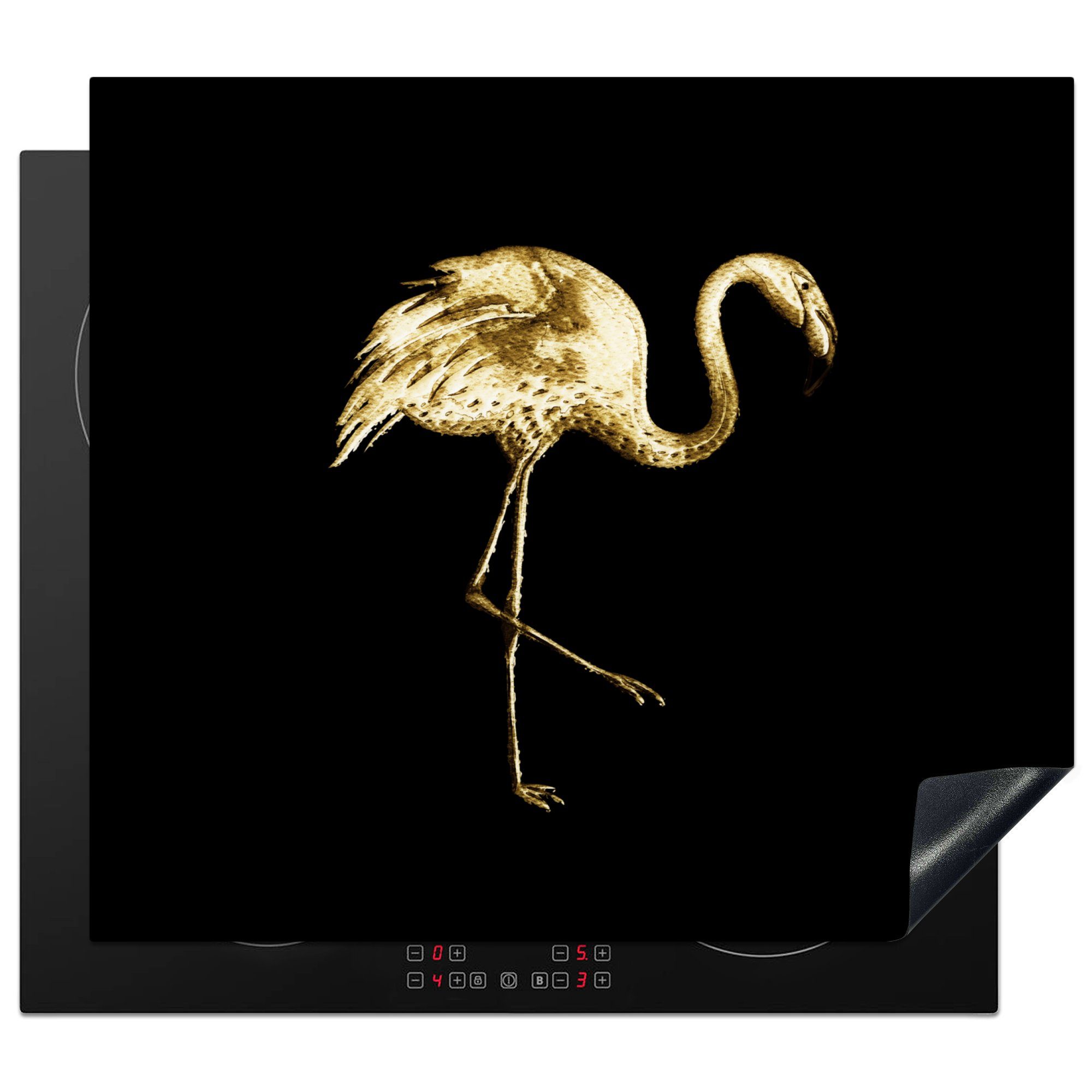 Induktionsmatte die MuchoWow Vinyl, küche, - - Flamingo tlg), Vogel für Schwarz, Herdblende-/Abdeckplatte cm, Ceranfeldabdeckung - Gold (1 59x52