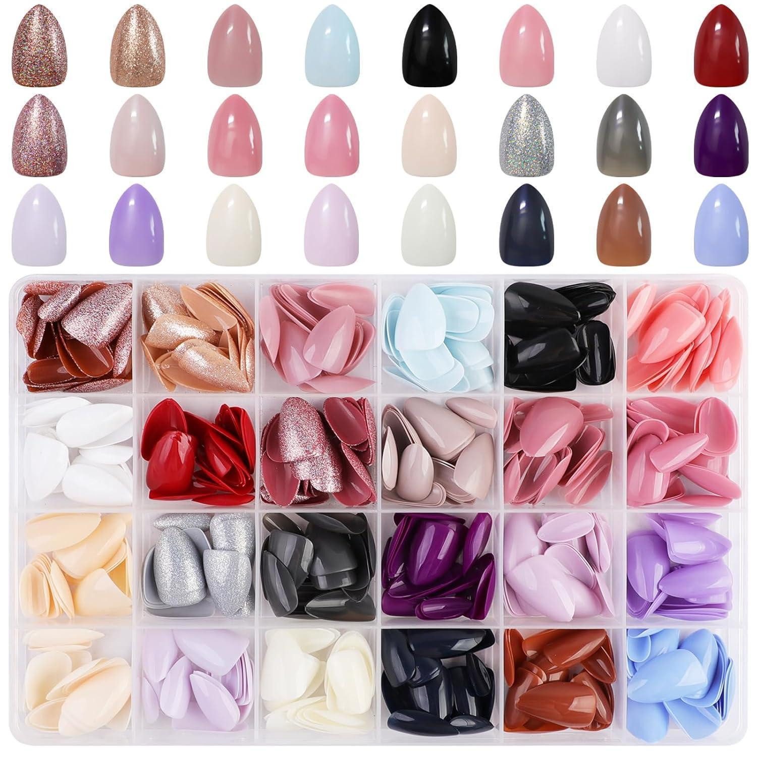 LuxusKollektion Kunstfingernägel 576-teiliges Mandel Nägel Set Bunt Glitzer Press on Nails, Oval Fake