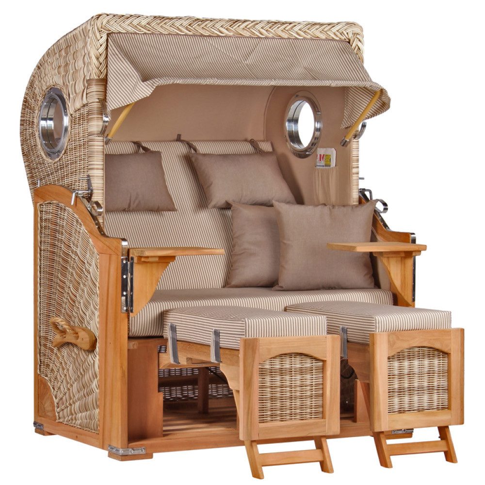 MR.DEKO Strandkorb Düne Bullauge Teak PE Shell Dessin 510, BxTxH: 125x80x170 cm, Ostsee-Strandkorb, Bullaugen, 2-Sitzer, komplett montiert, Volllieger, 2 Schwenktische
