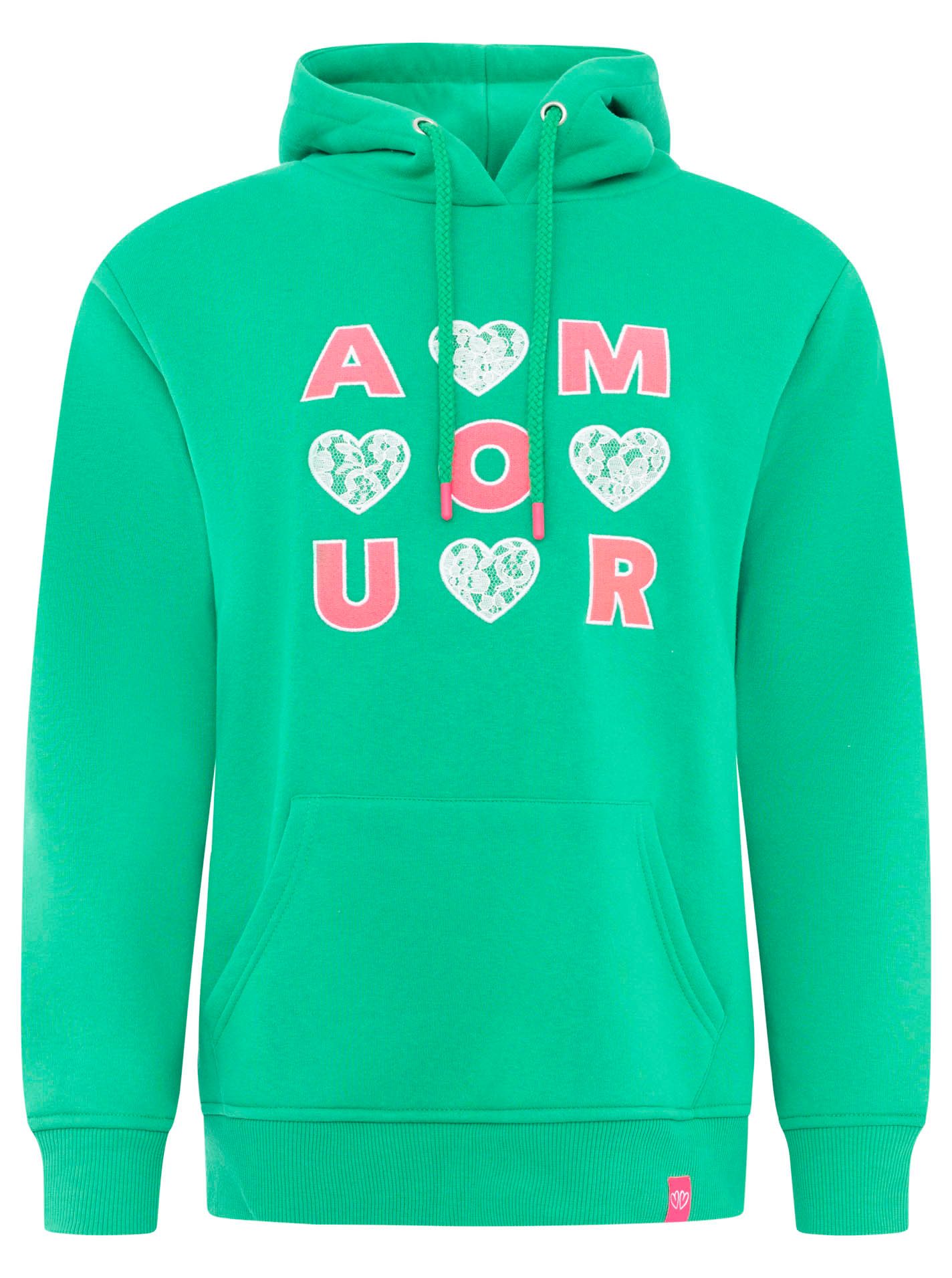 Zwillingsherz Hoodie "AMOUR" gesticktes Motiv mit Herzen und Spitze, Kapuze, Kängurutasche