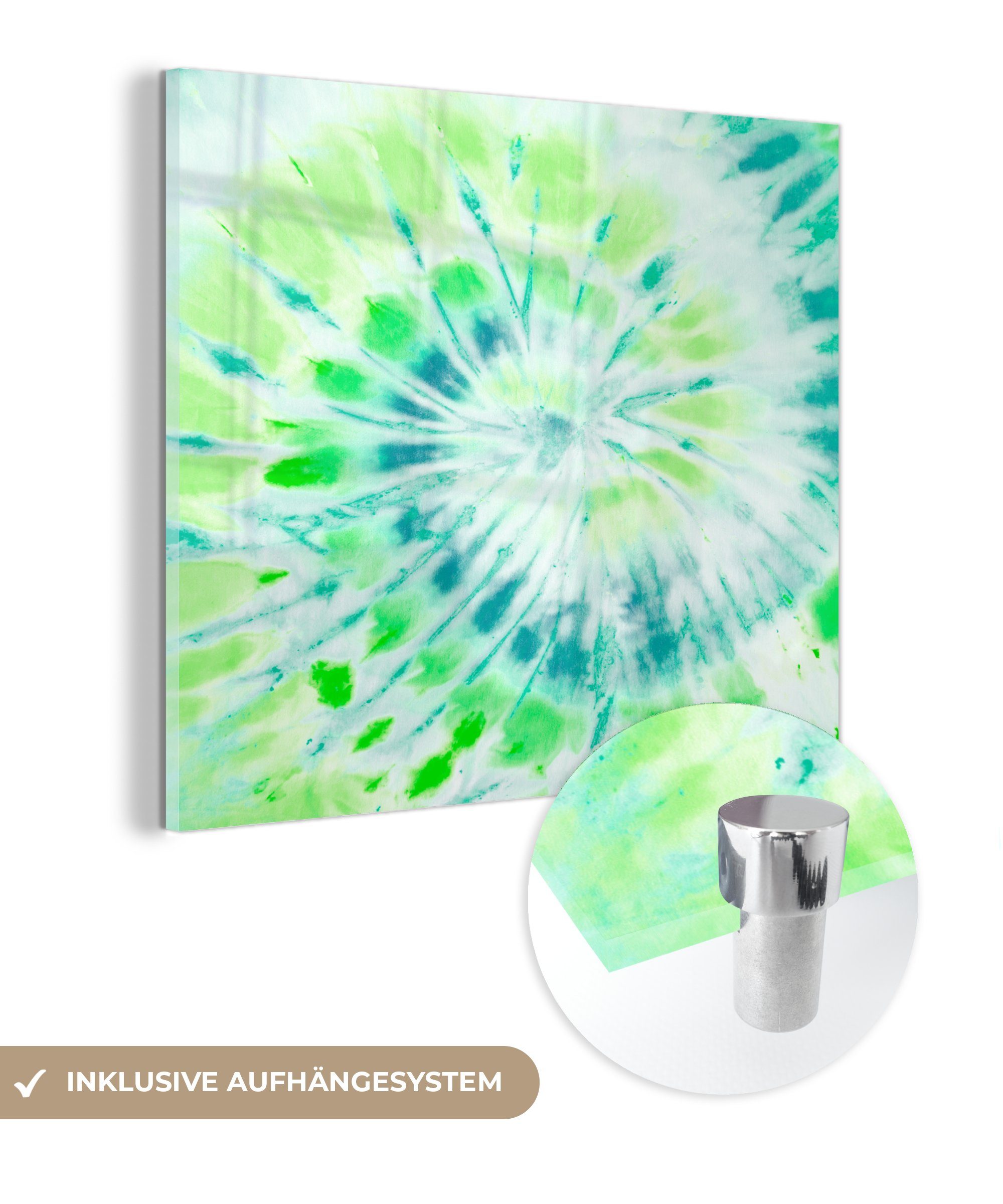 Foto MuchoWow Wandbild St), Bilder auf - Wanddekoration - (1 - Spirale Glas auf - - Glas Acrylglasbild Hippie, Krawattenfärbung Glasbilder