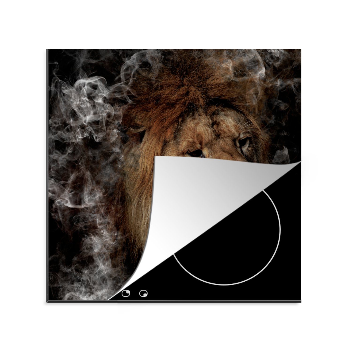 MuchoWow Herdblende-/Abdeckplatte Löwe - Rauch - Tiere, Vinyl, (1 tlg), 78x78 cm, Ceranfeldabdeckung, Arbeitsplatte für küche