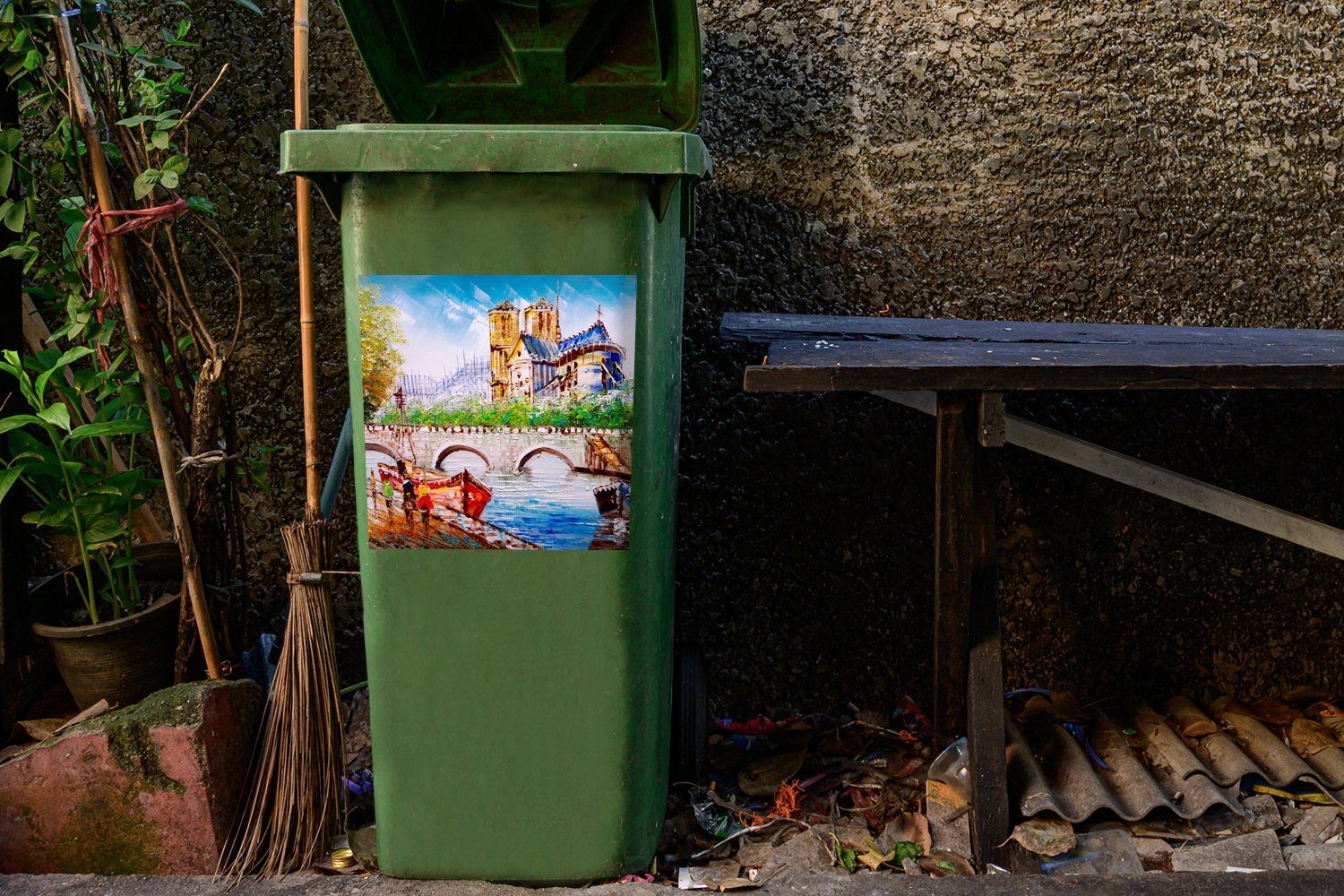 Paris Boot (1 Abfalbehälter - MuchoWow Gemälde - Container, Brücke Sticker, St), Mülleimer-aufkleber, Wandsticker Mülltonne, -
