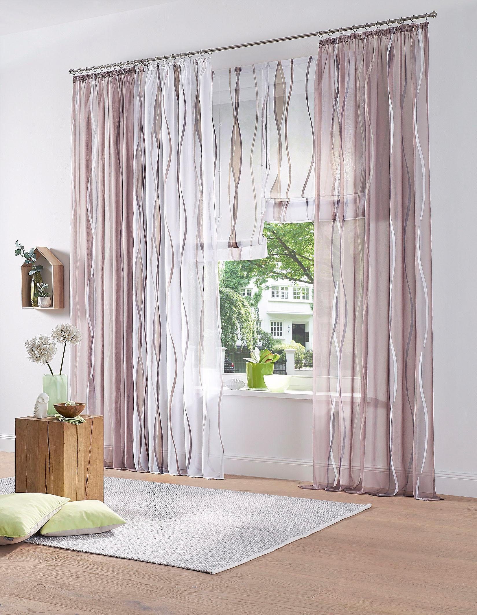 Raffrollo Dimona, home, my mit Wellen weiß/taupe Klettschiene, Voile, Transparent, Polyester