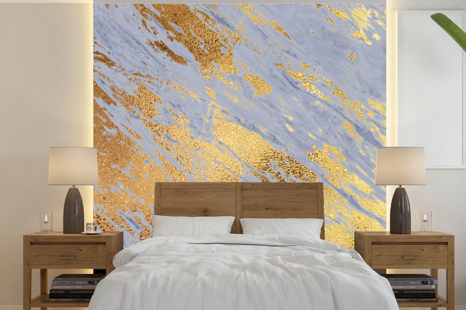 MuchoWow Fototapete Marmor - Gold - Blau, Matt, bedruckt, (5 St), Vinyl Tapete für Wohnzimmer oder Schlafzimmer, Wandtapete