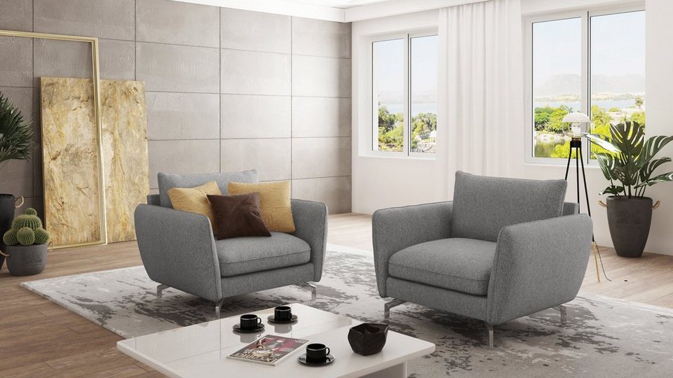 S-Style Möbel Sessel Modernes Benita mit Silber Metall Füßen, mit  Wellenfederung
