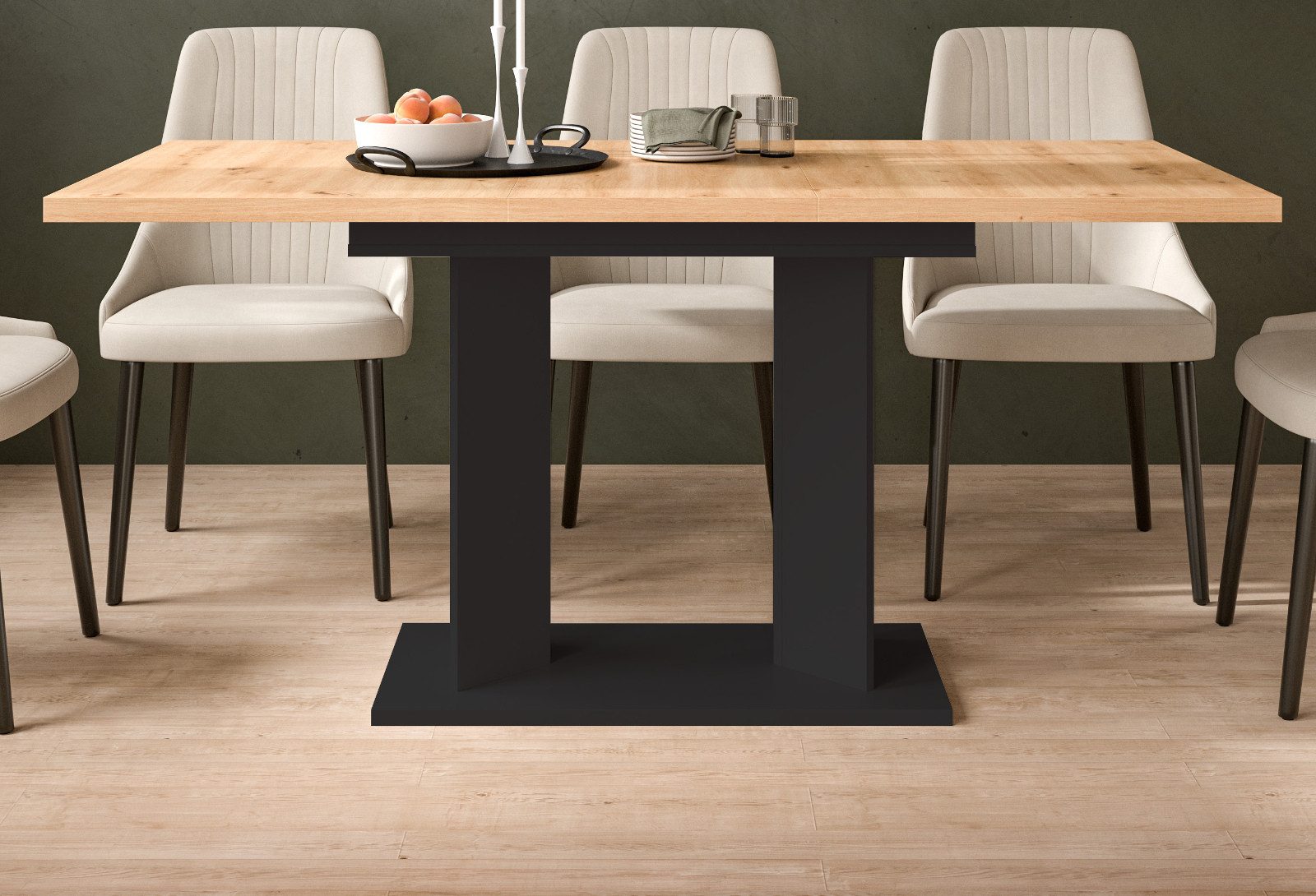 Inn.Furn Säulen-Esstisch Anton (Küchentisch in Eiche Artisan mit Schwarz, ausziehbar von 120 auf 160 cm), für 2 - 8 Personen