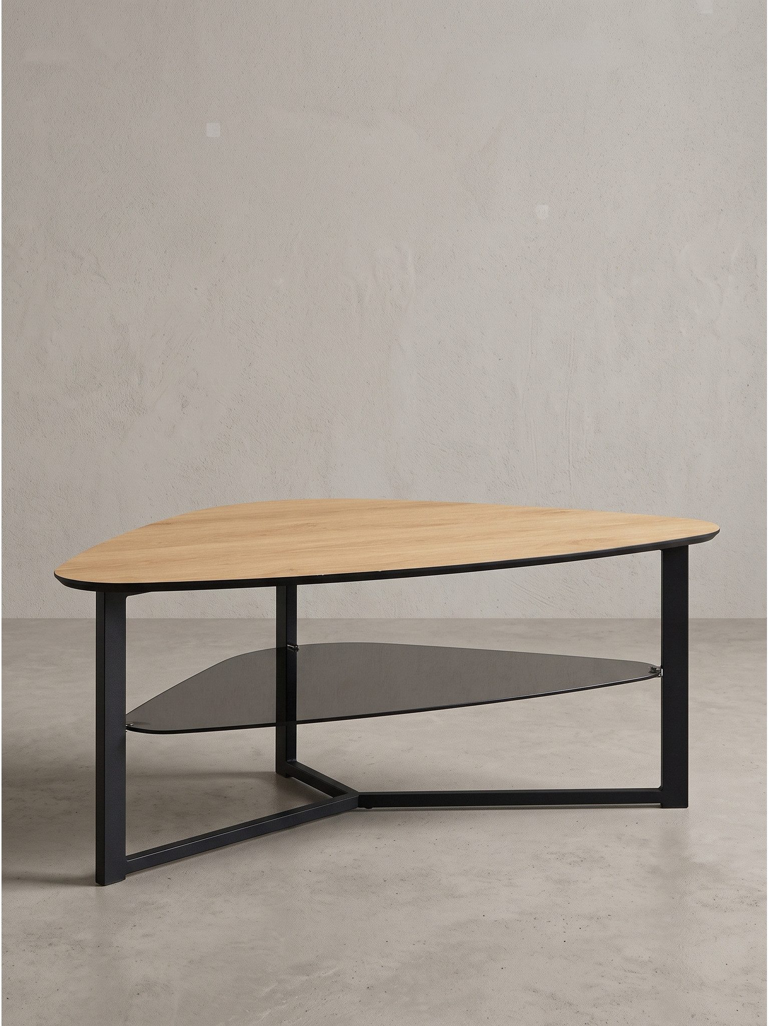 KADIMA DESIGN Couchtisch FAENZA Dreibeintisch - Eiche-Schwarz, 110x65x45 cm, Retro, Ablagen (Sofatisch, Wohnzimmertisch, Kaffeetisch, Nierentisch, Glasablage)