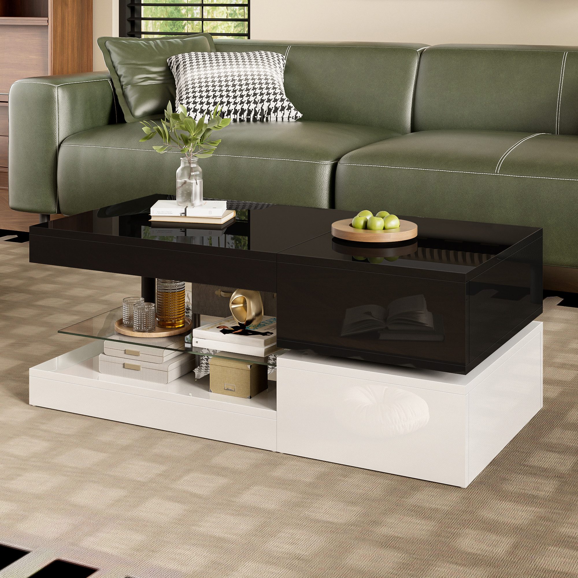 OKWISH Couchtisch Schwarz-Weiß-Design (Satztisch, Beistelltisch, 1-St., Glasablage, Hochglanz-Oberfläche), mit LED-Ambientebeleuchtung, APP- und Bluetooth-Steuerung