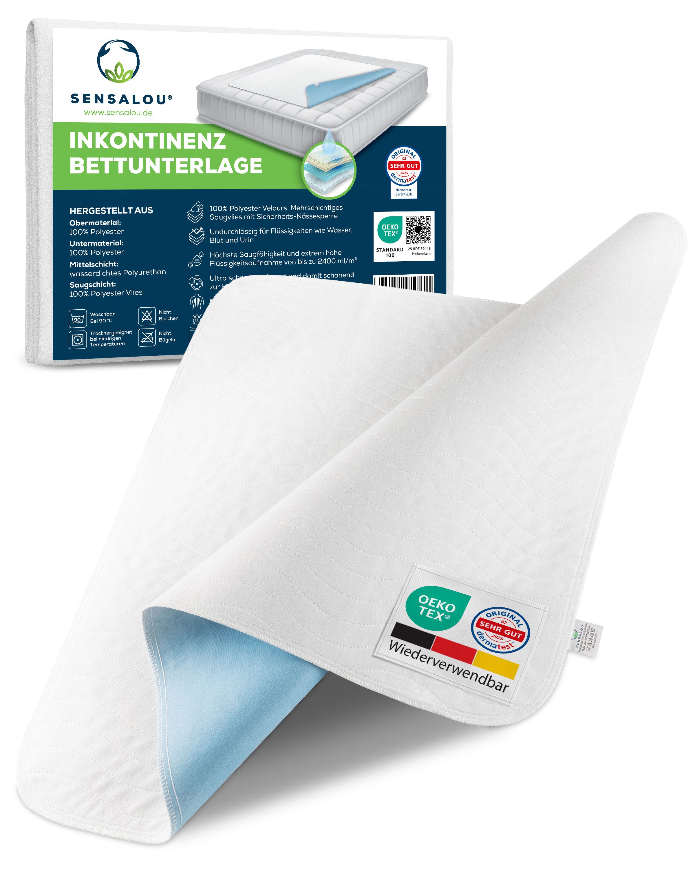 Inkontinenzauflage Inkontinenz Unterlage - wasserdichte Bett Matratzen Auflage Sensalou, wasserdicht, atmungsaktiv, waschbar