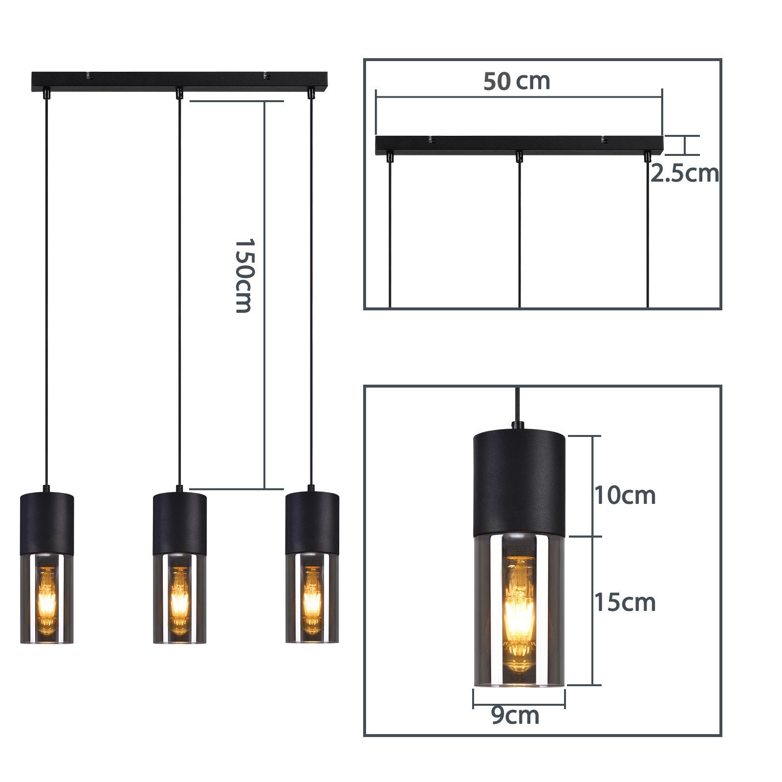 ZMH Pendelleuchte Esszimmer 3/4 Flammig Schwarz E27 Fassung Pendellampe für Küche Flur, DIY-Beleuchtung, ohne Leuchtmittel, Verstellbare Hängeleuchte Lampenschirm Glas Schlafzimmer