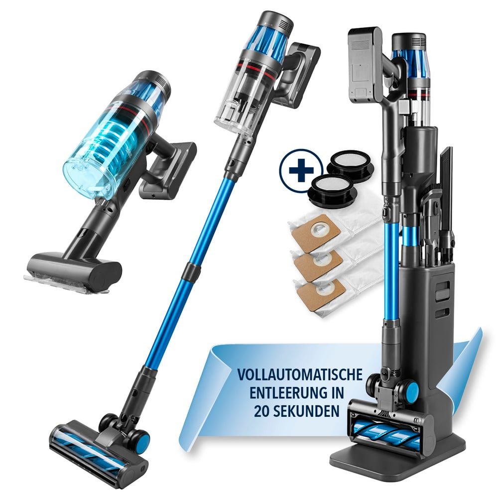 CLEANmaxx Zyklon Hybrid Staubsauger Akku-Zyklon-Staubsauger Deluxe 29,6V grau/blau, 500 W, beutellos, automatische Staubentleerung 3,5L Beutel 60.min Laufzeit HEPA-Filter