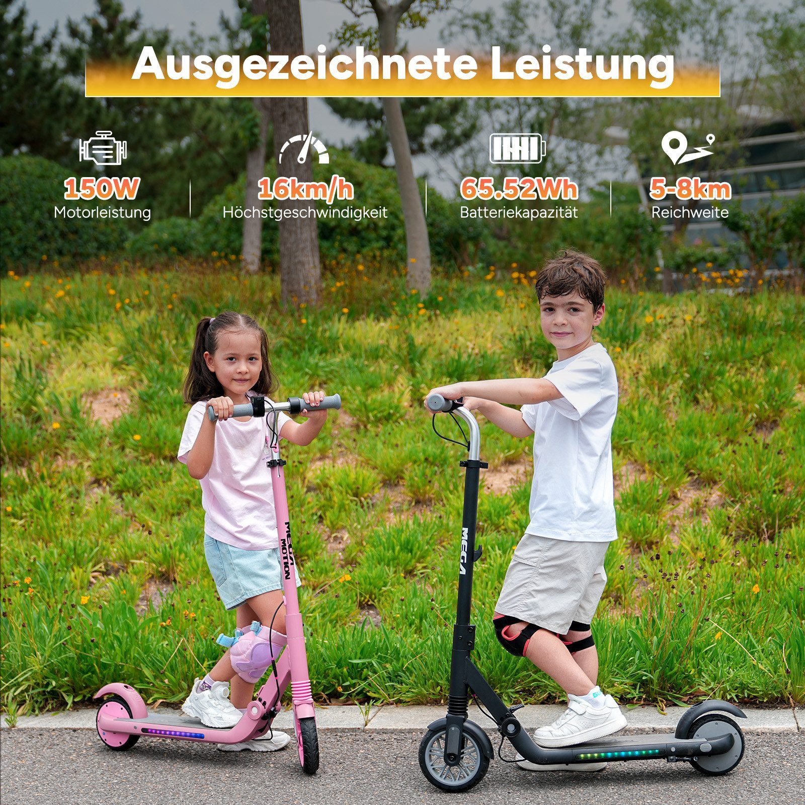 Mega Motion Elektro-Kinderroller ME1 E-Scooter für Kinder, 8/12/16 km/h, mit verstellbarem Lenker, faltbar, sieben Farben Lichtern, bis zu 8km, Display für 6-12 Jahren