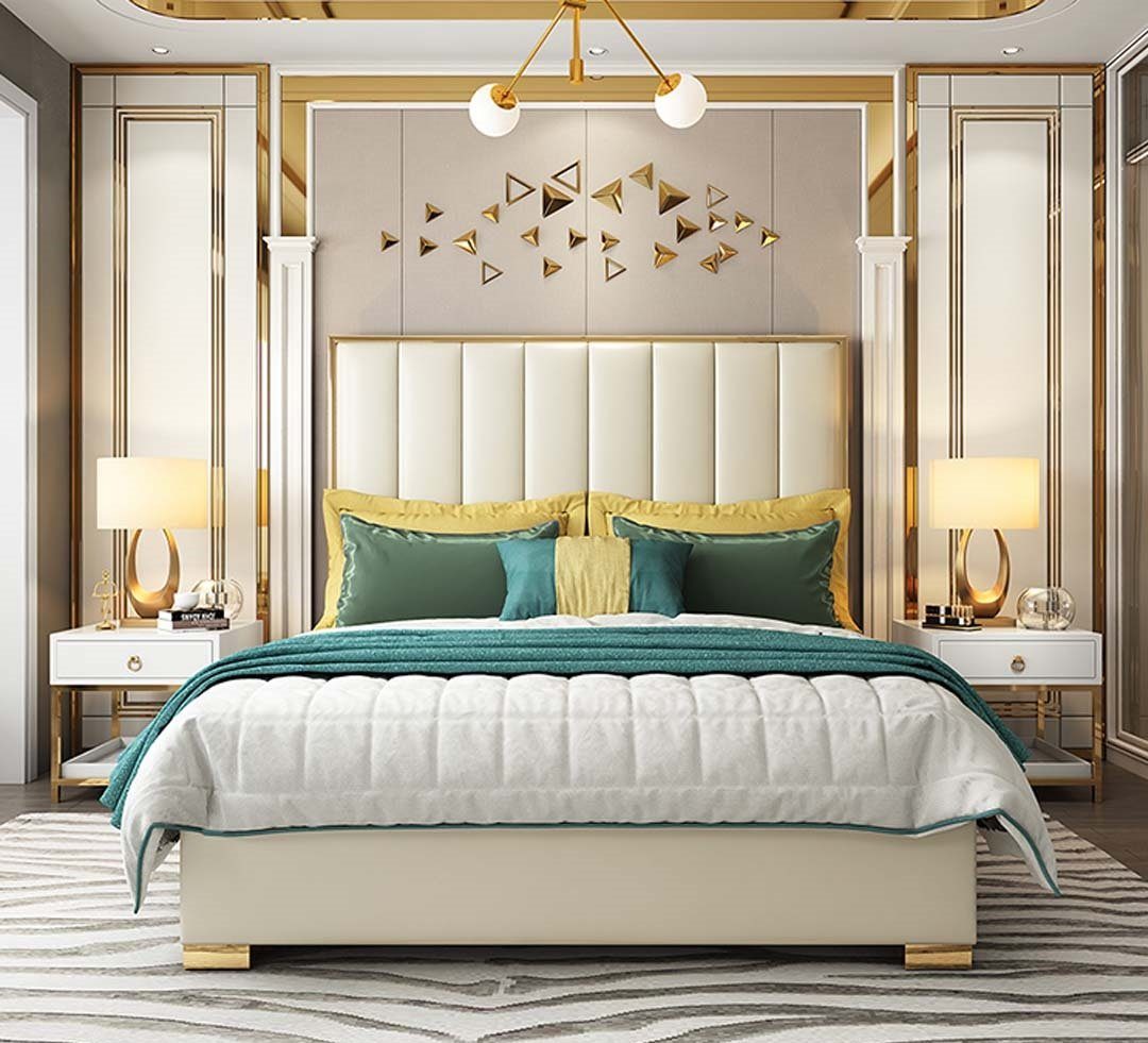 Textil Schlafzimmer Betten Bett, Doppel Polster Leder Klassisches JVmoebel Weiß Bett