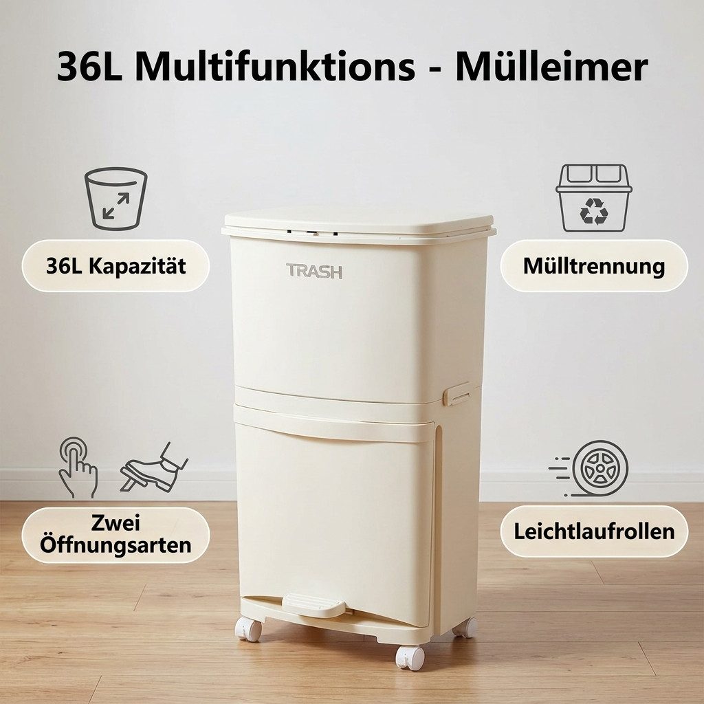 POPOLIC Mülleimer 36L Doppelfass Nass- und Trockentrennung, Pedaldrückdeckel, Mülltonne