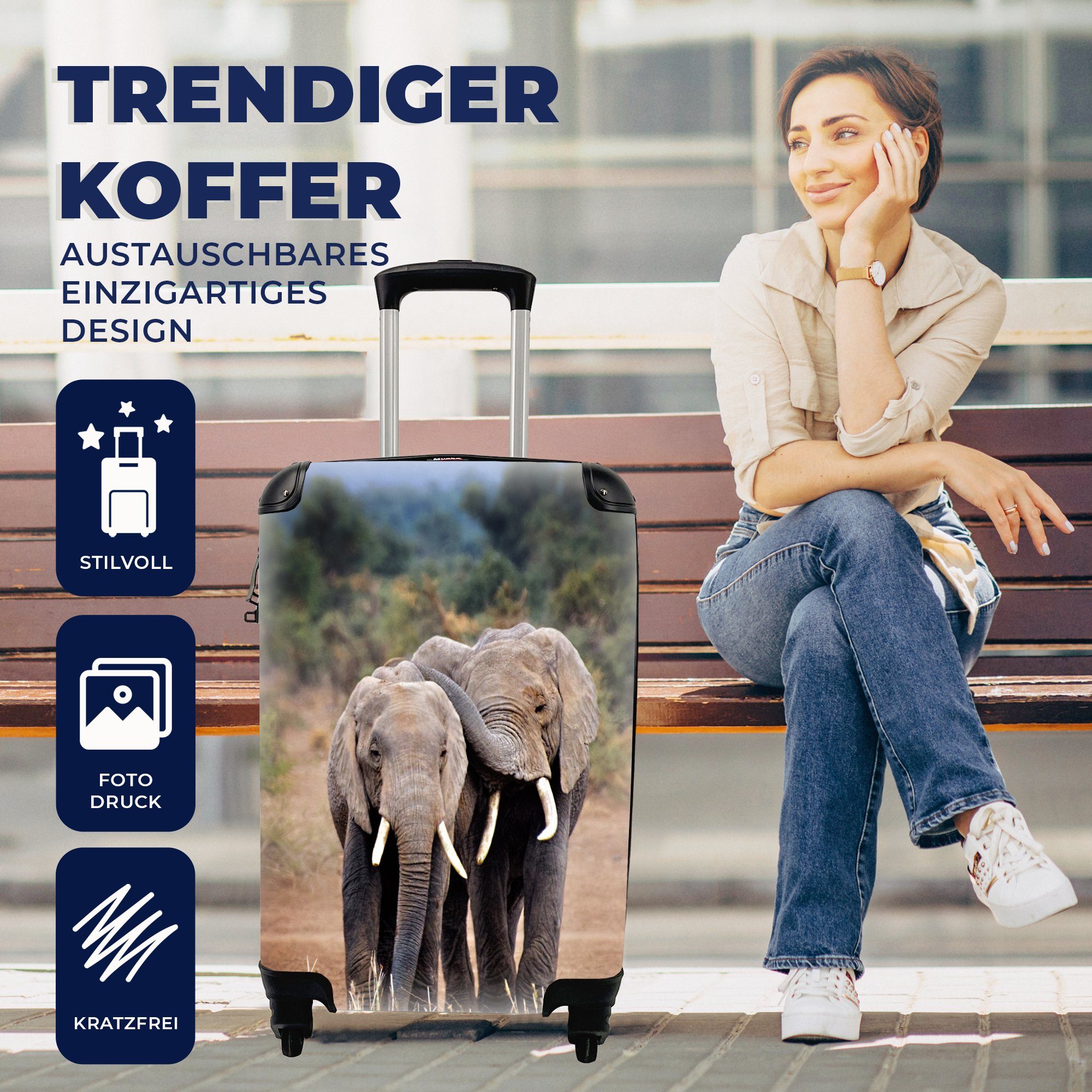 Ferien, Elefant Handgepäckkoffer Bäume Natur, für rollen, - Handgepäck Reisekoffer MuchoWow Rollen, Trolley, - 4 Tiere mit Reisetasche -