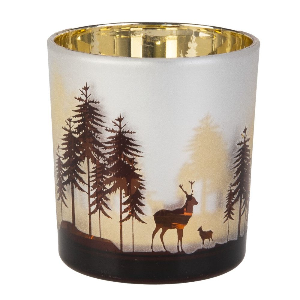 MICA Windlicht Teelichtglas - Hirsch im Wald - weiß/braun - ca. 7 x 8 cm günstig online kaufen