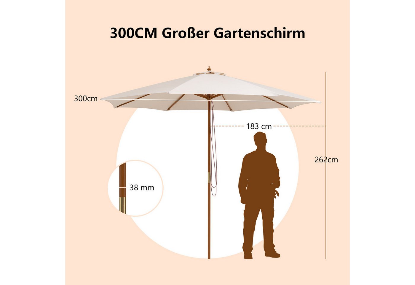 Thumbnail - COSTWAY Sonnenschirm, 300cm aus Holz, UV-Schutz, höhenverstellbar
