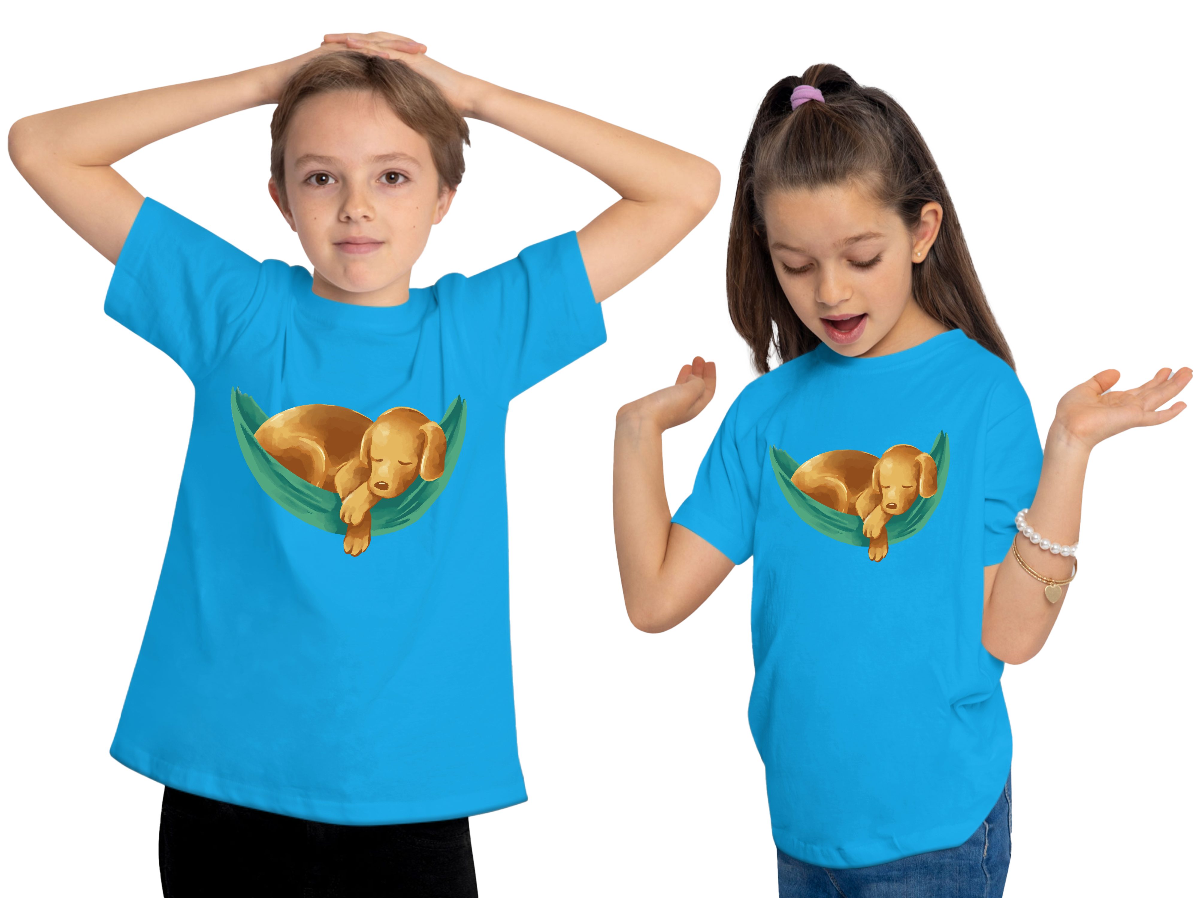 MyDesign24 T-Shirt Kinder Hunde Print Shirt bedruckt - Labrador Welpe in Hängematte Kurzarm T-Shirt mit Hunde Aufdruck i245
