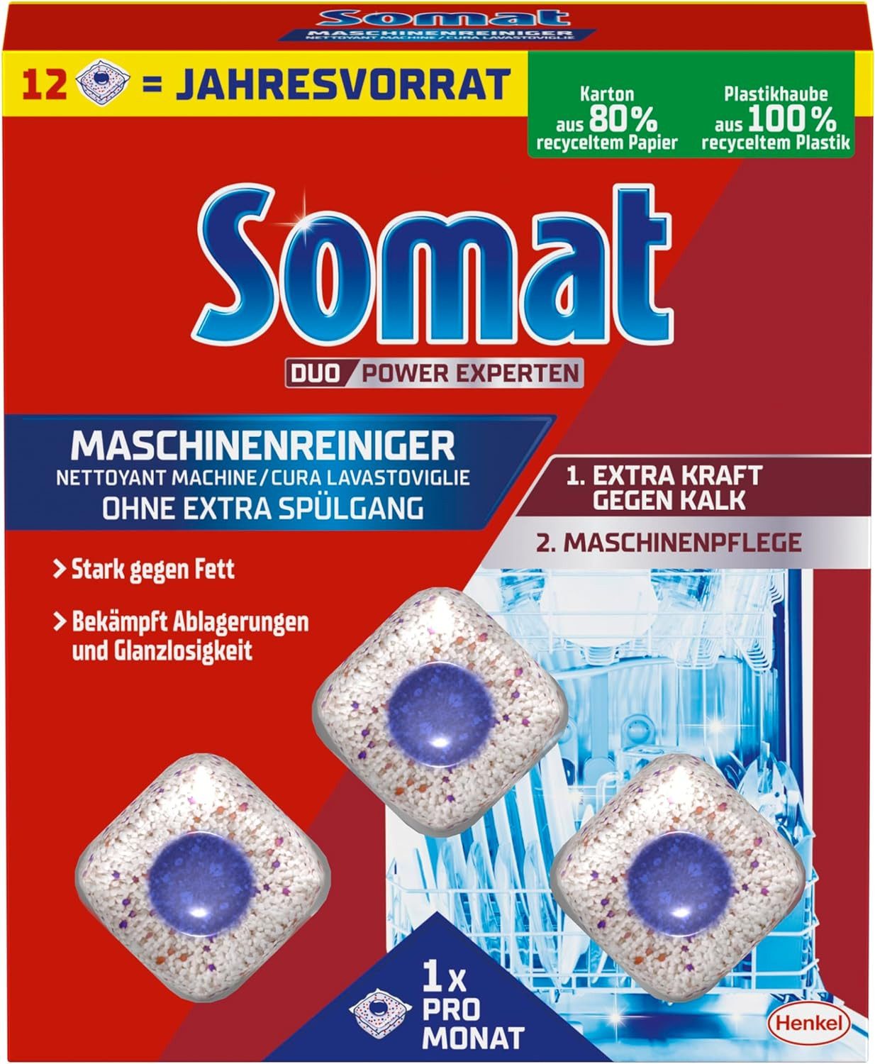 Somat Tabs Anti-Kalk (12 WL) Spülmaschinenreiniger (Packung, [12-St. für monatlichen Gebrauch kein extra Spülgang)