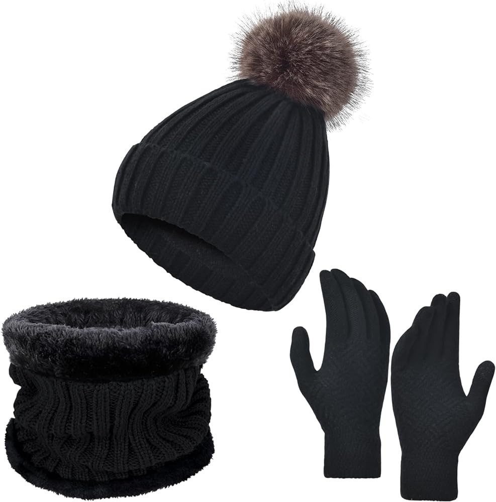 Coonoor Mütze & Schal Winter Mützen, Handschuhe und Schal Set, Winter Fleece-Wärmeset
