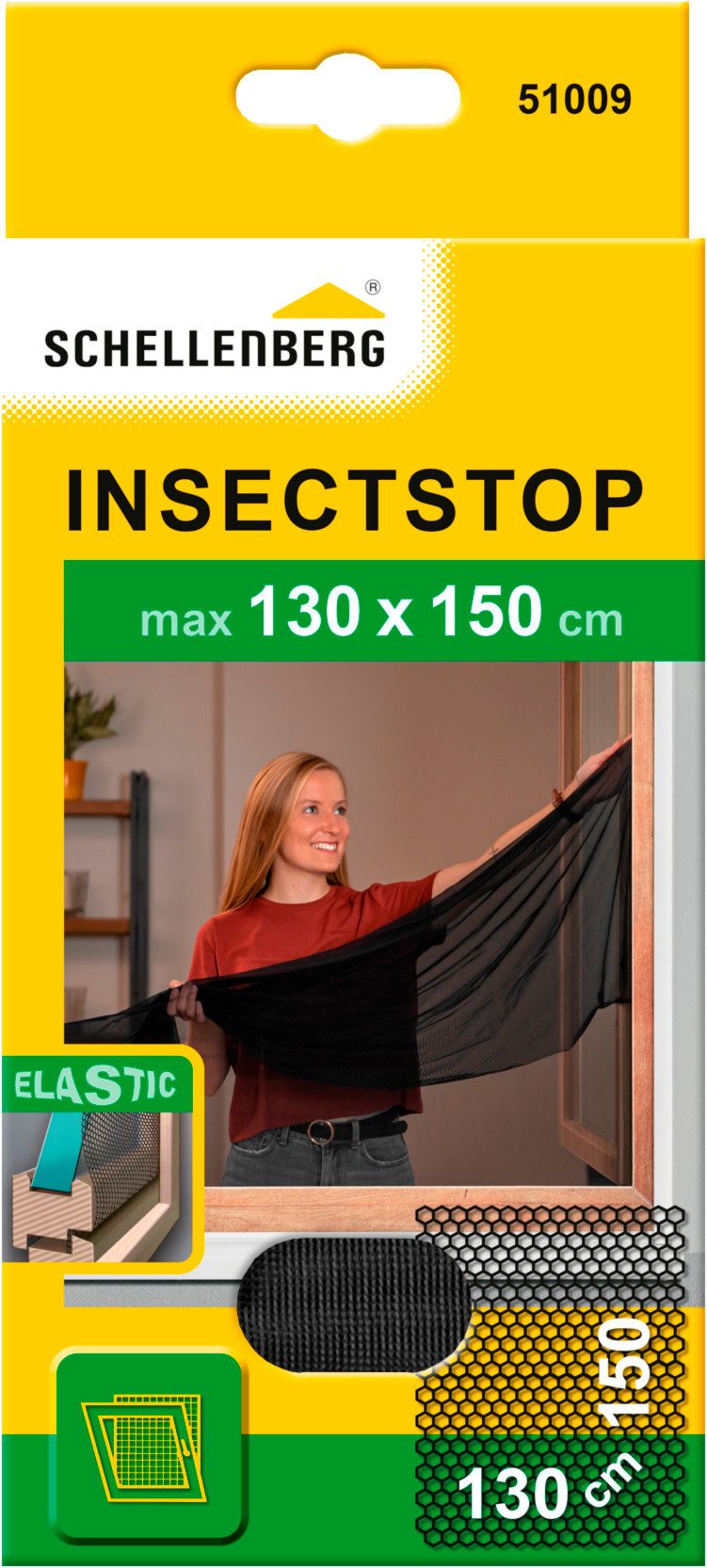 SCHELLENBERG Fliegengitter-Gewebe Elastic ohne bohren, (Set, 1-St), elastischer Insektenschutz für Fenster, 130 x 150 cm, anthrazit, weiß